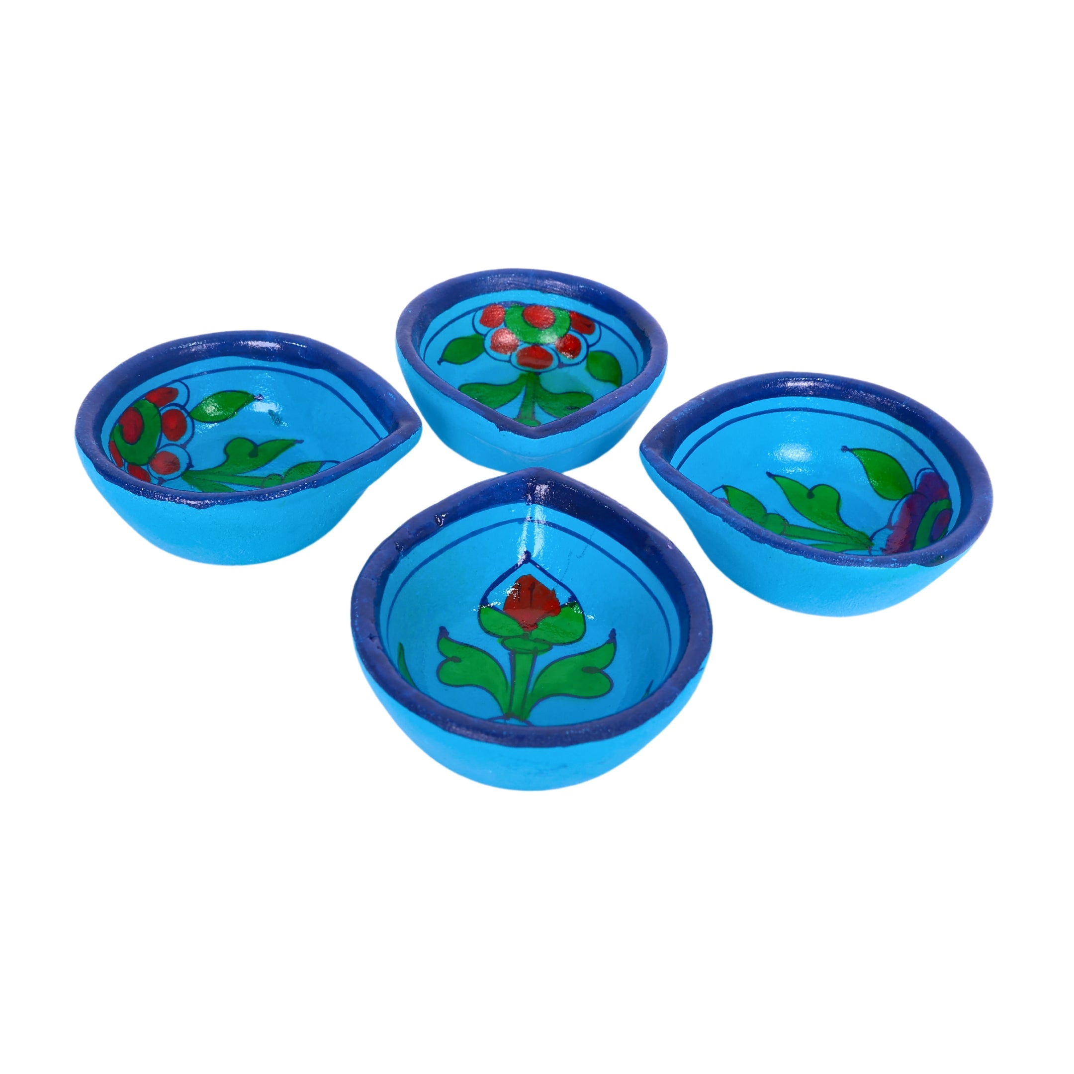 Hand-Painted Ceramic Diyas - Set of 4 – Turquoise and Blue