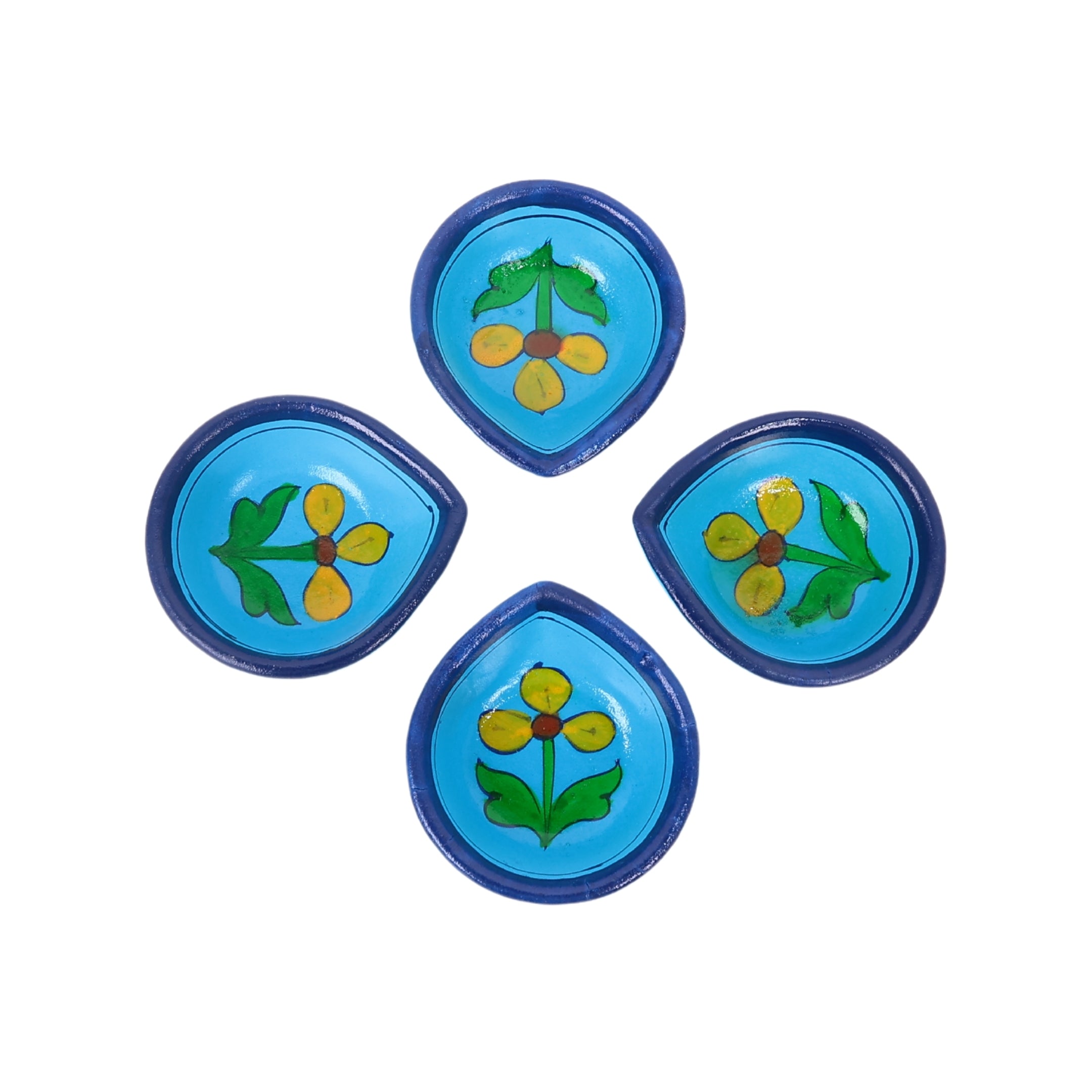 Hand-Painted Ceramic Diyas - Set of 4 – Turquoise and Blue