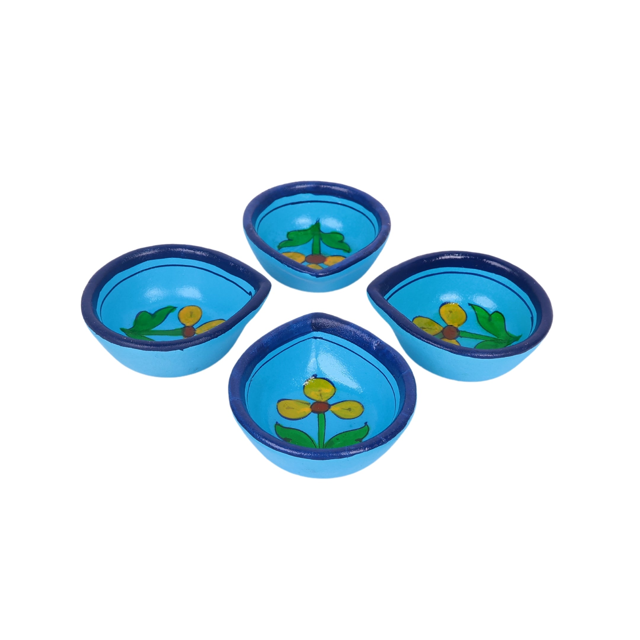 Hand-Painted Ceramic Diyas - Set of 4 – Turquoise and Blue