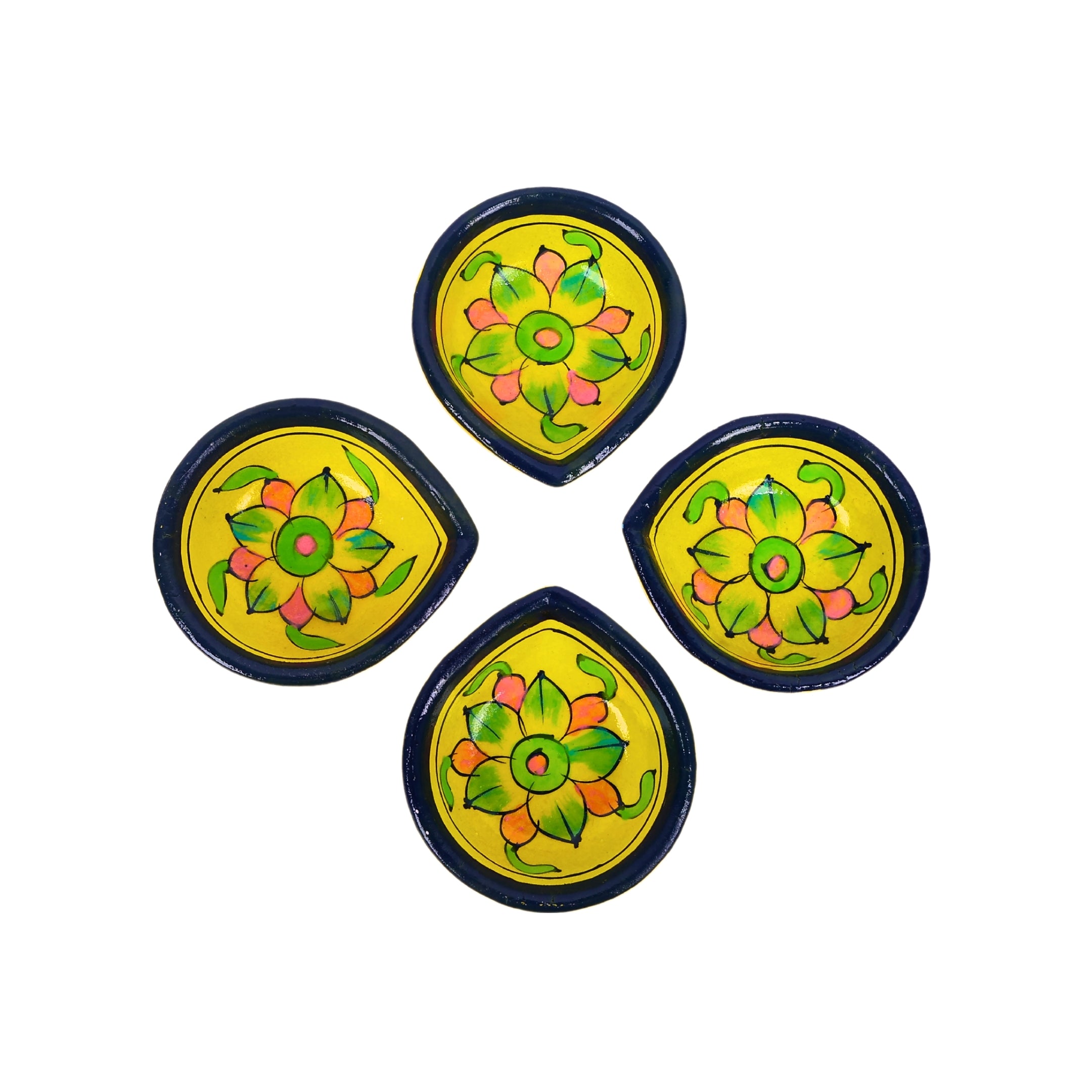 Hand-Painted Ceramic Diyas - Set of 4 – Yellow and Blue
