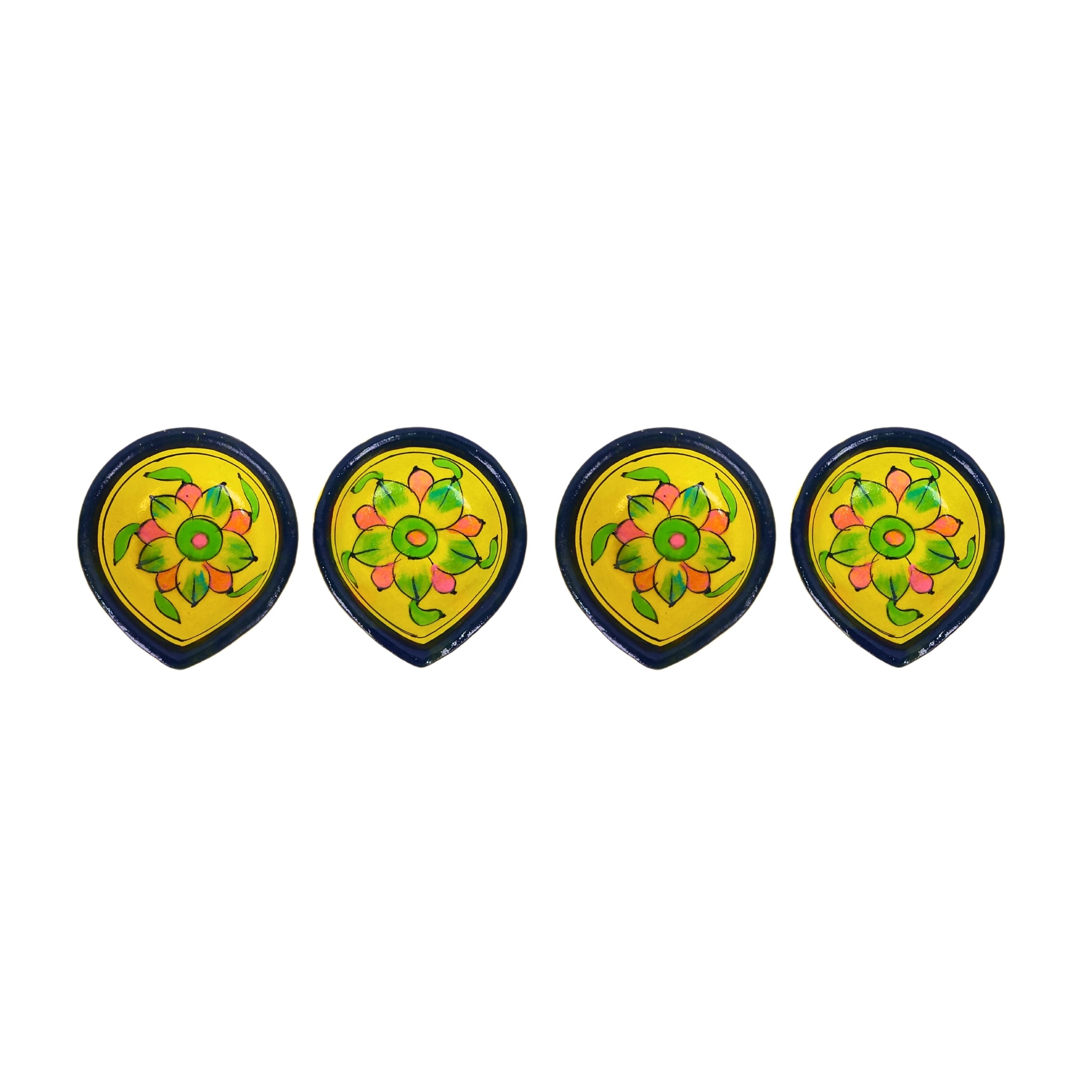 Hand-Painted Ceramic Diyas - Set of 4 – Yellow and Blue