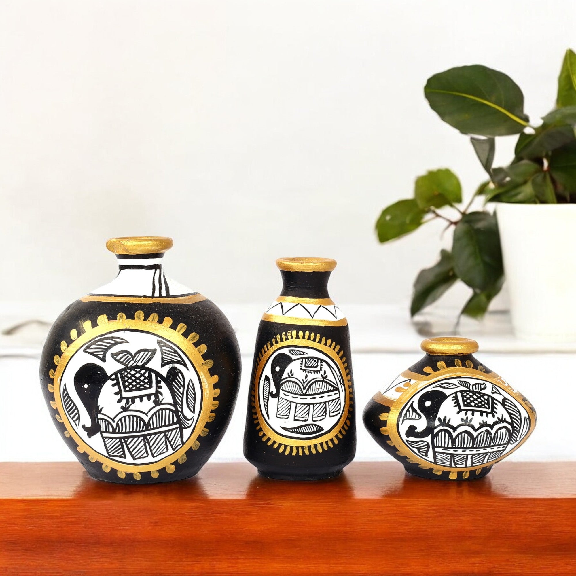 Handcrafted Black Terracotta Pots for Home Decor - Set of 3 - Madhubani Hand Painting