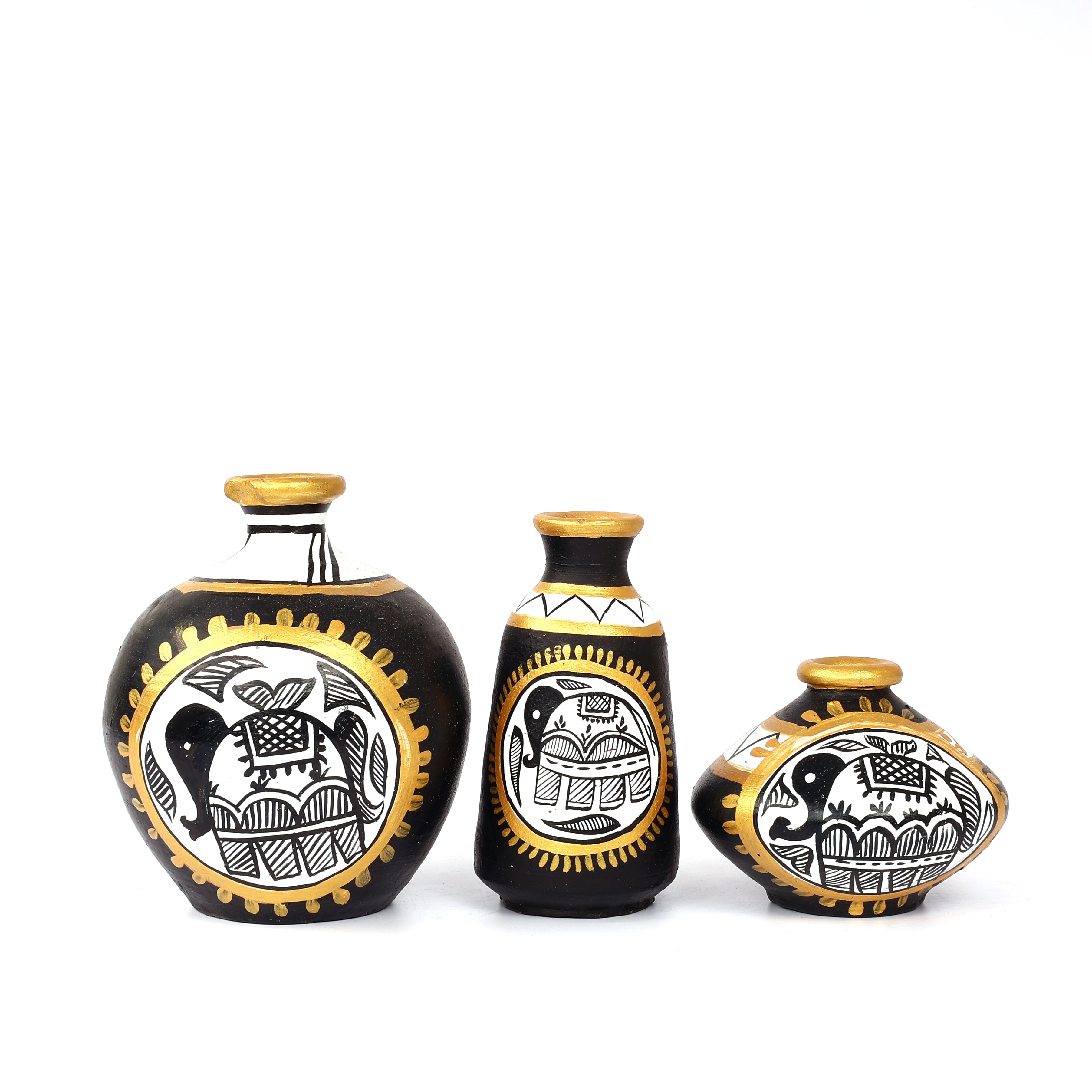 Handcrafted Black Terracotta Pots for Home Decor - Set of 3 - Madhubani Hand Painting