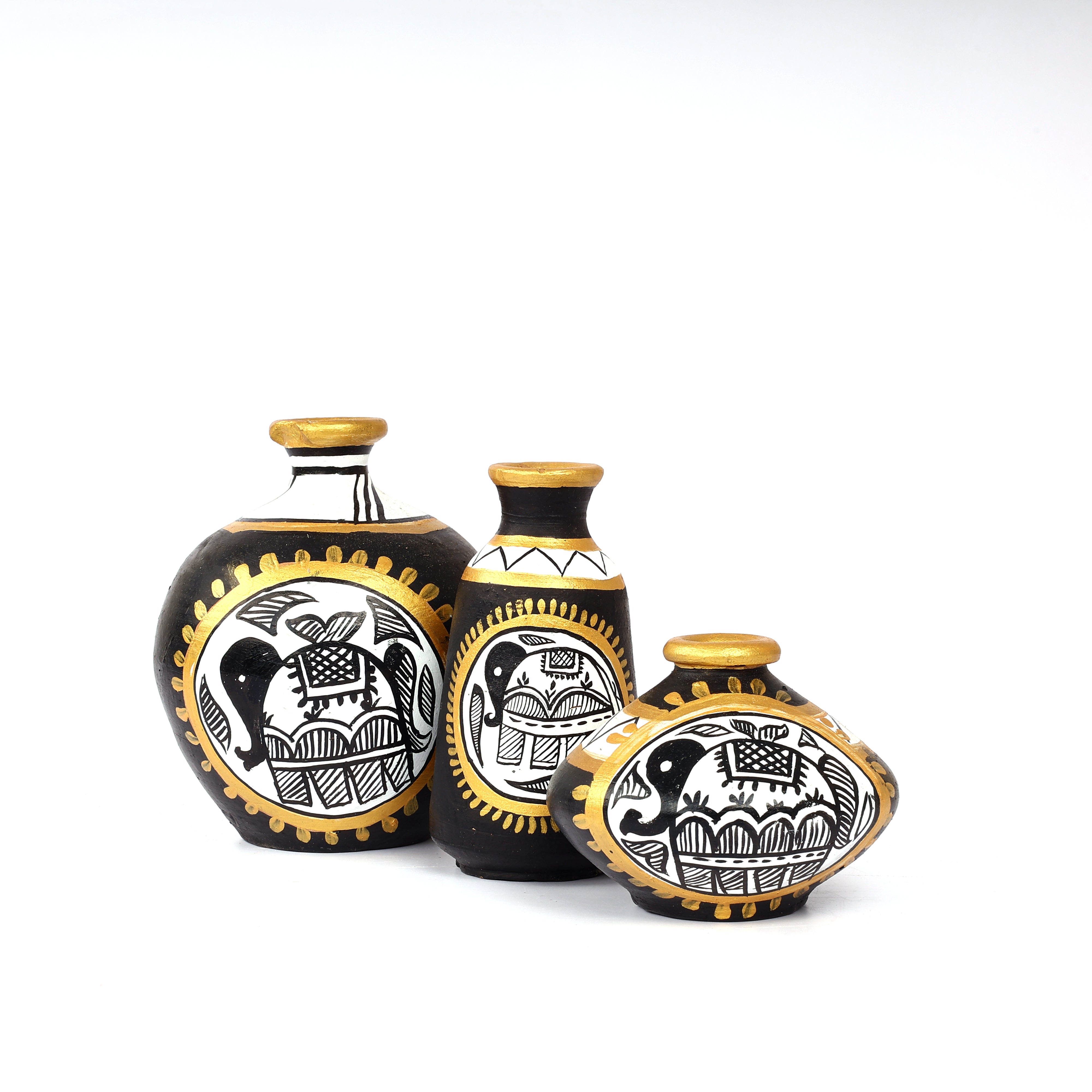 Handcrafted Black Terracotta Pots for Home Decor - Set of 3 - Madhubani Hand Painting