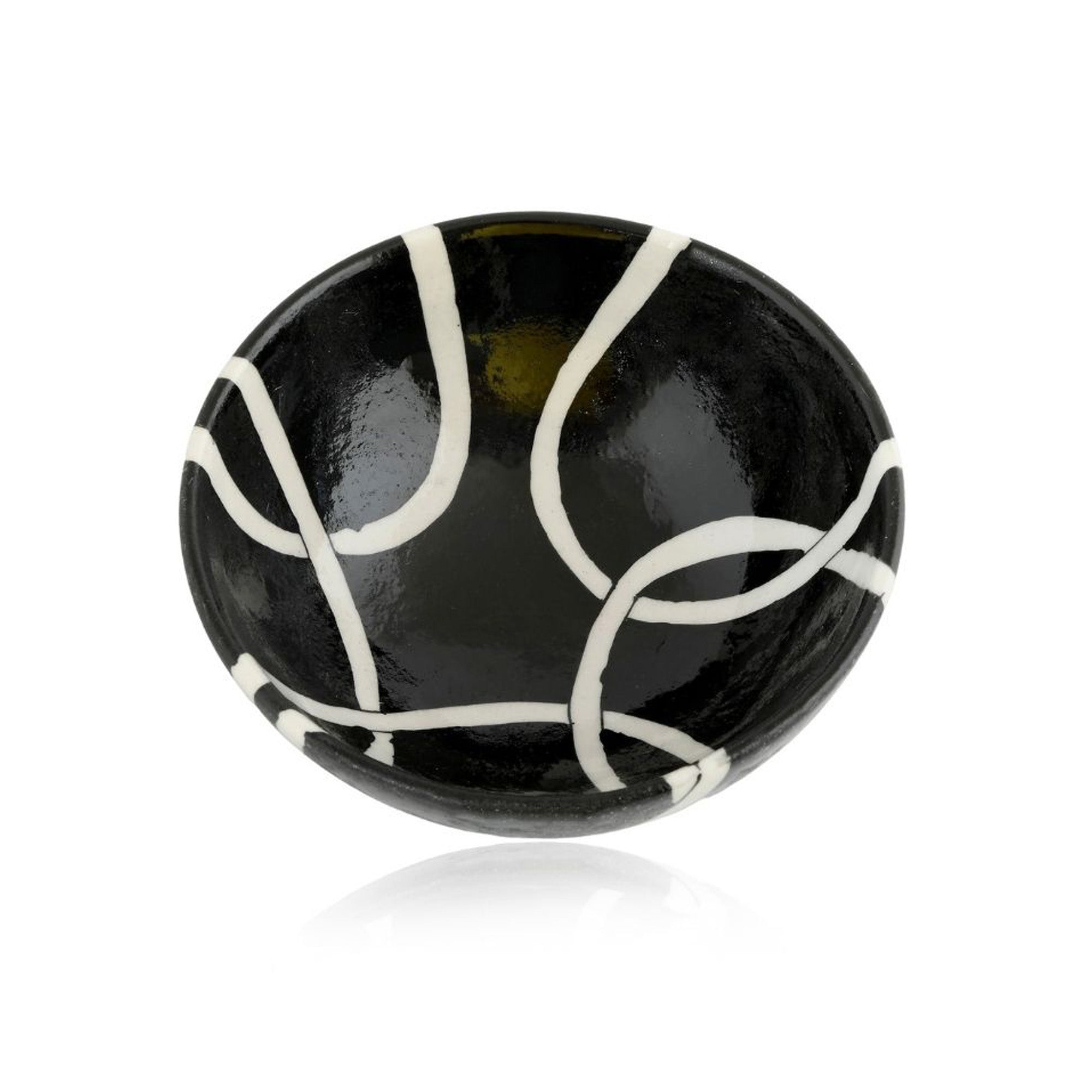 Handcrafted Black and White Round Blue Pottery Bowls—Set of 2—Geometric Pattern—6”