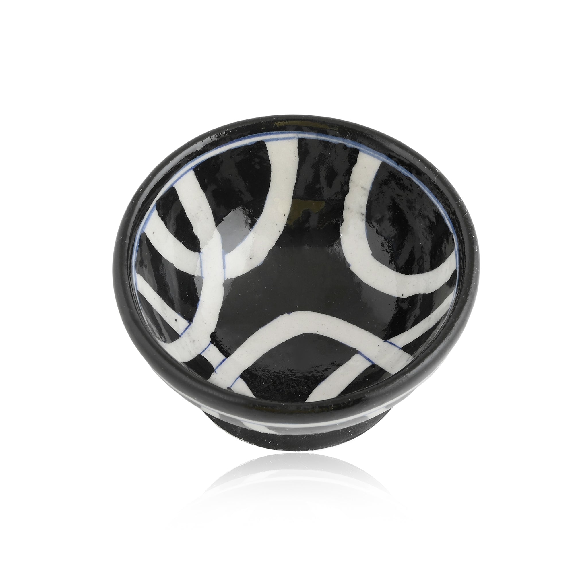 Handcrafted Black and White Round Blue Pottery Bowls—Set of 2—Geometric Pattern—4”