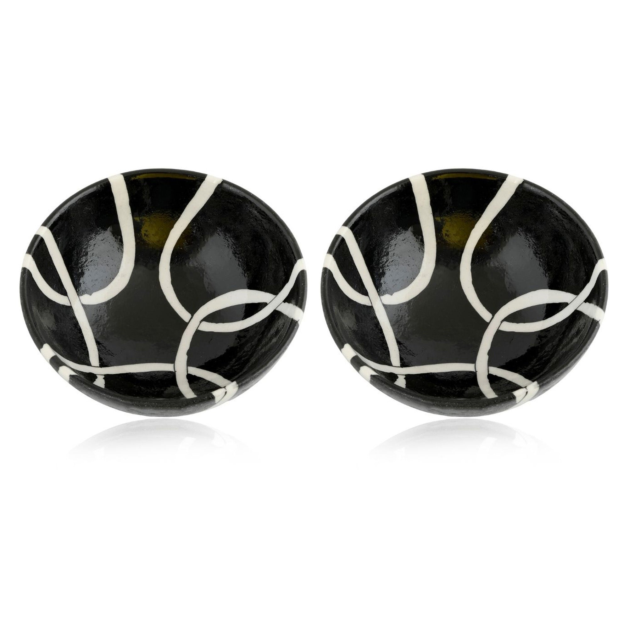 Handcrafted Black and White Round Blue Pottery Bowls—Set of 2—Geometric Pattern—6”
