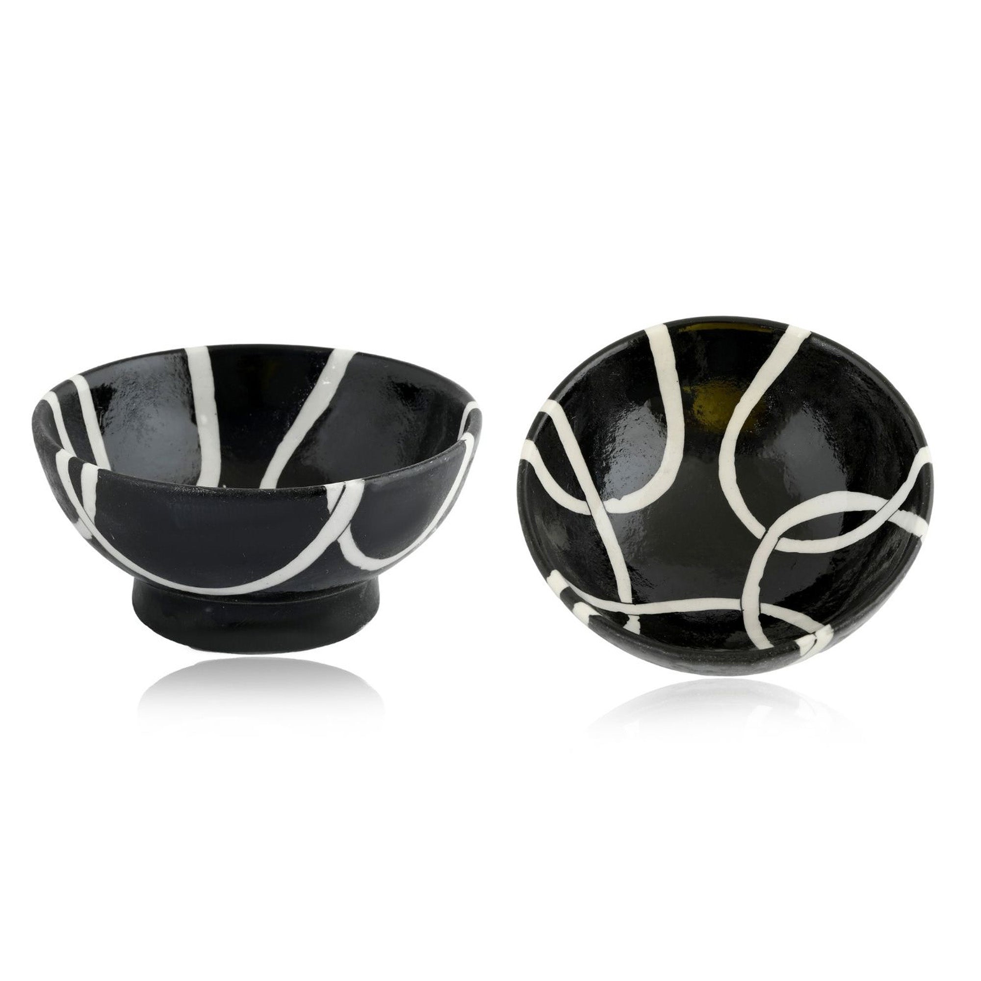 Handcrafted Black and White Round Blue Pottery Bowls—Set of 2—Geometric Pattern—6”