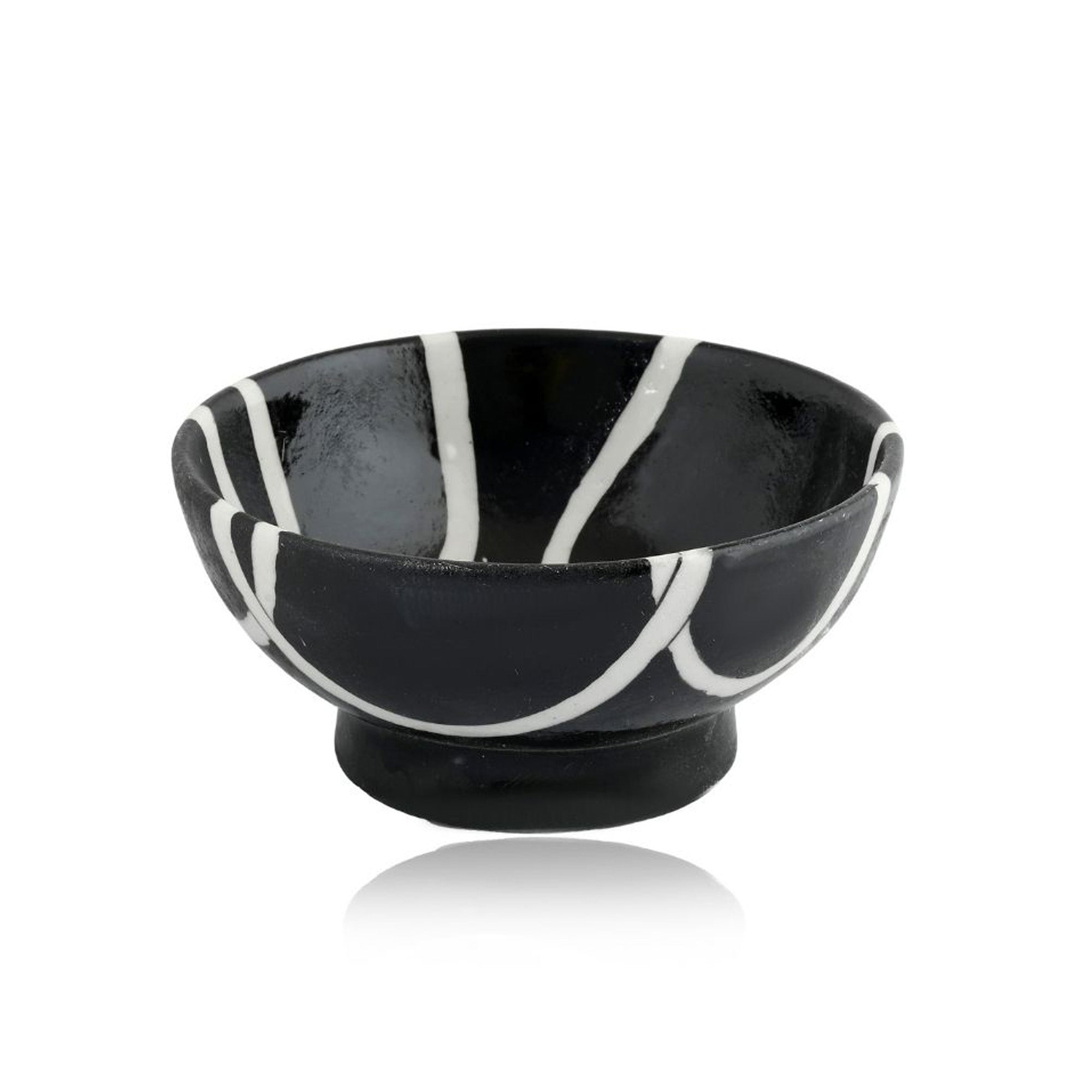 Handcrafted Black and White Round Blue Pottery Bowls—Set of 2—Geometric Pattern—6”