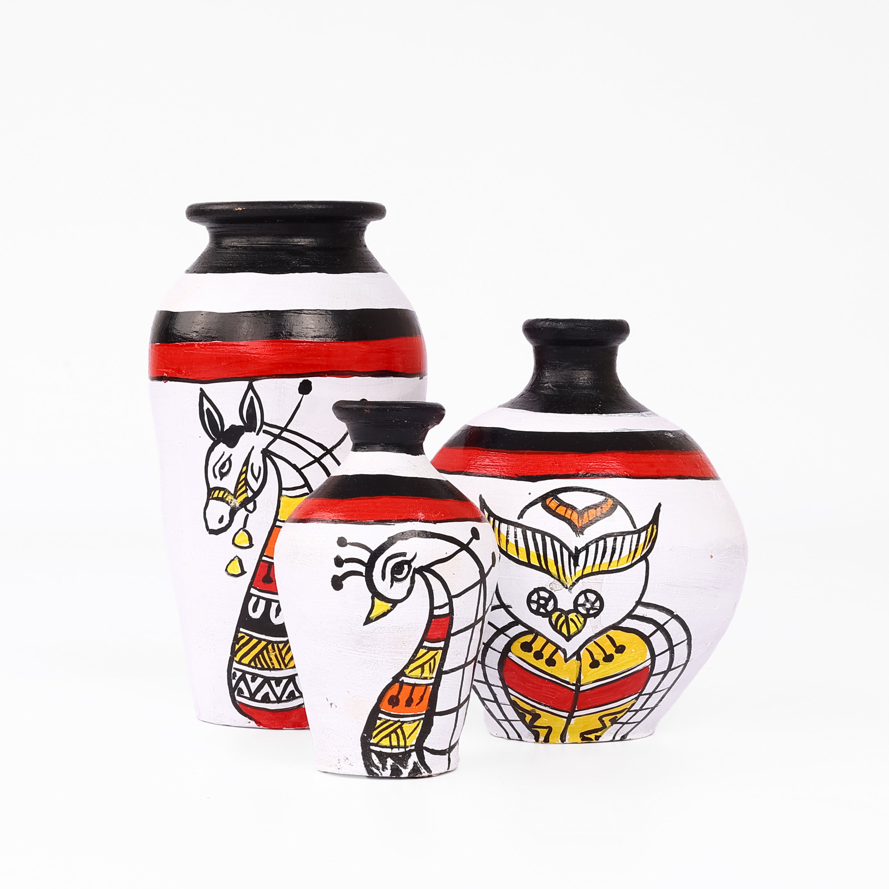 Handcrafted Black and White Terracotta Pots for Home Decor - Set of 3 - Madhubani Hand Painting