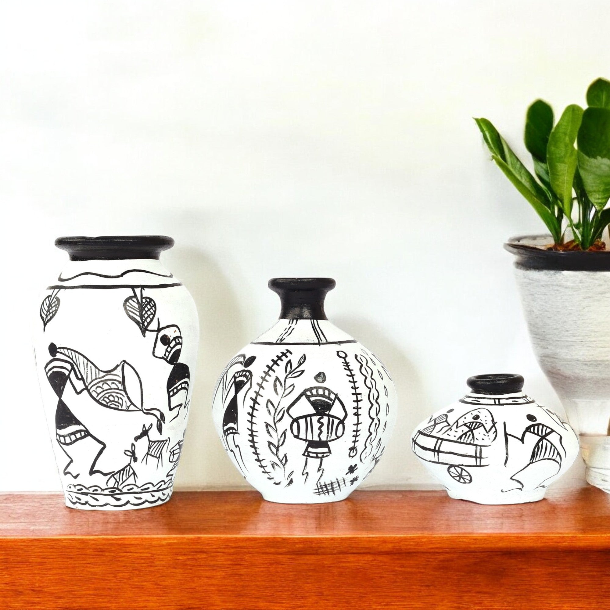 Handcrafted Black and White Terracotta Pots for Home Decor - Set of 3 - Warli Hand Painting