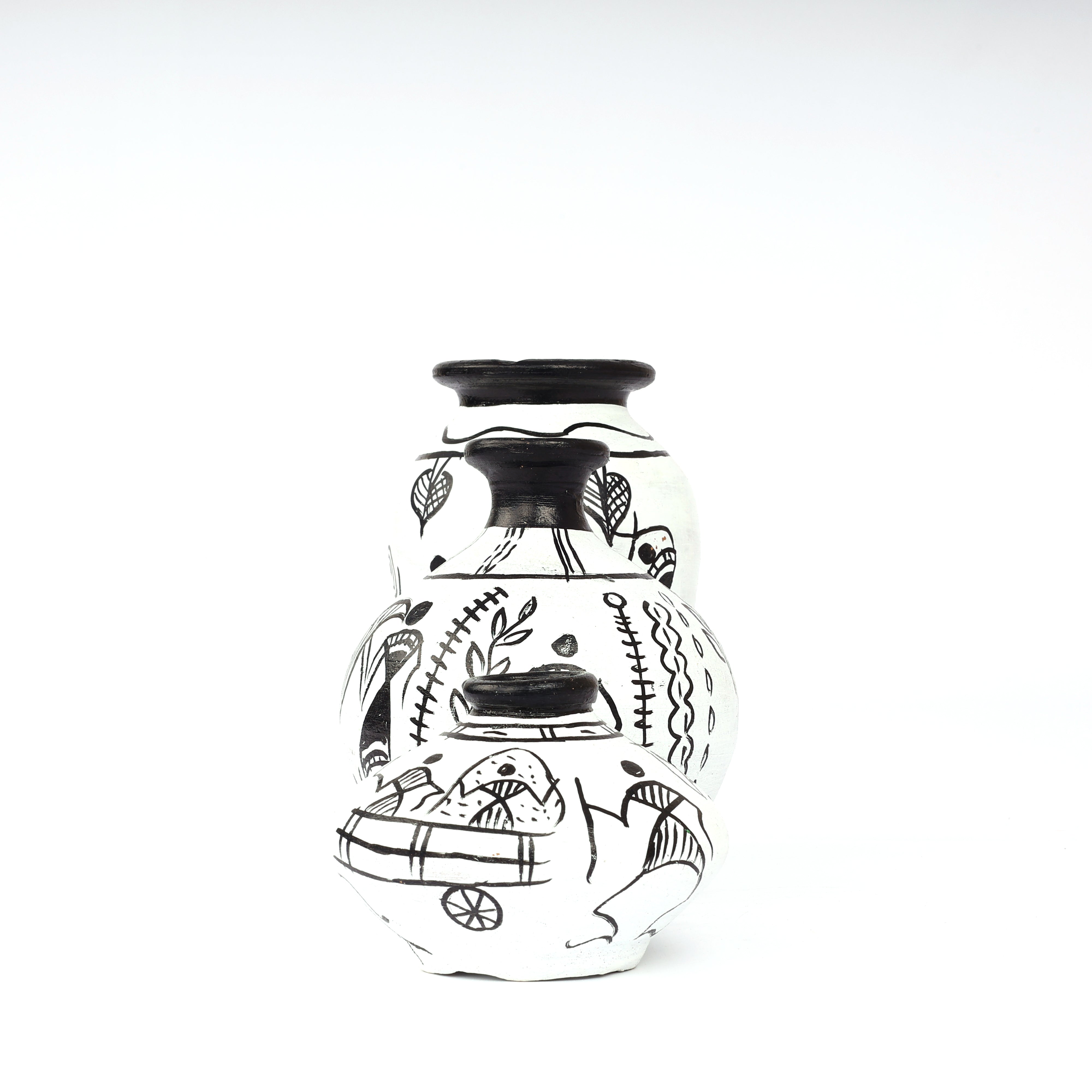 Handcrafted Black and White Terracotta Pots for Home Decor - Set of 3 - Warli Hand Painting
