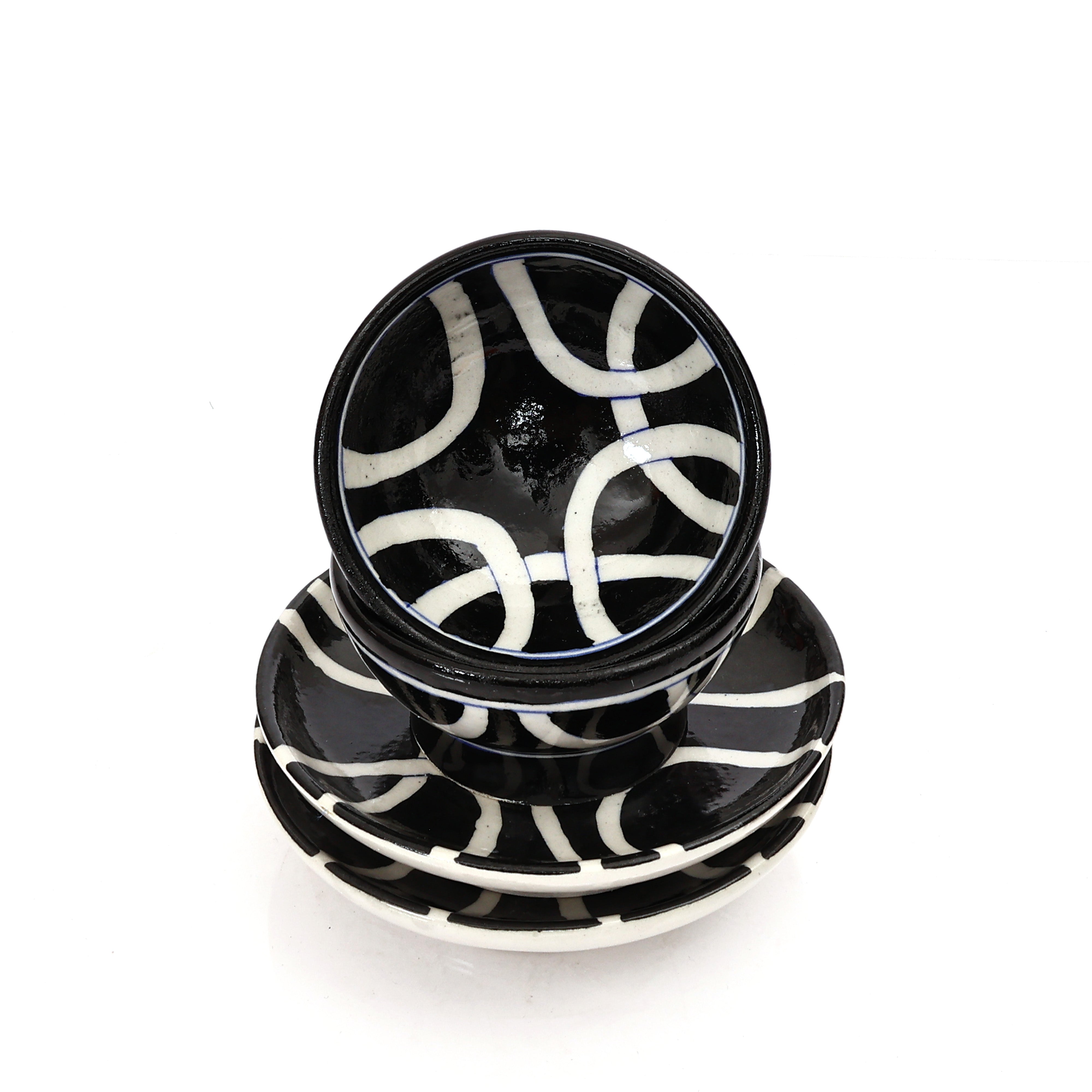 Handcrafted Black & White Blue Pottery Bowl & Plate Set – Modern Jaipur Art