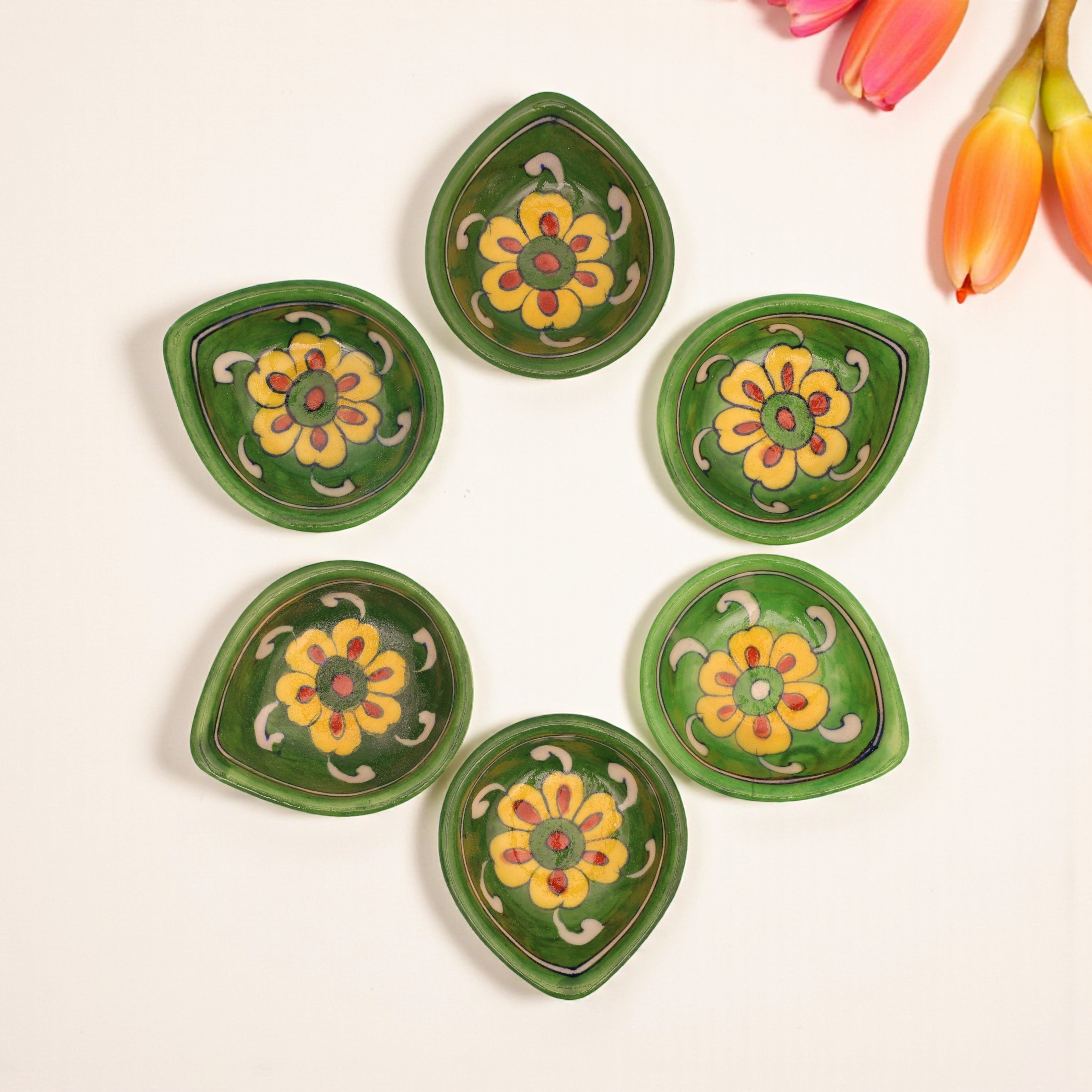 Handcrafted Blue Pottery Decorative Diyas  Set - Green