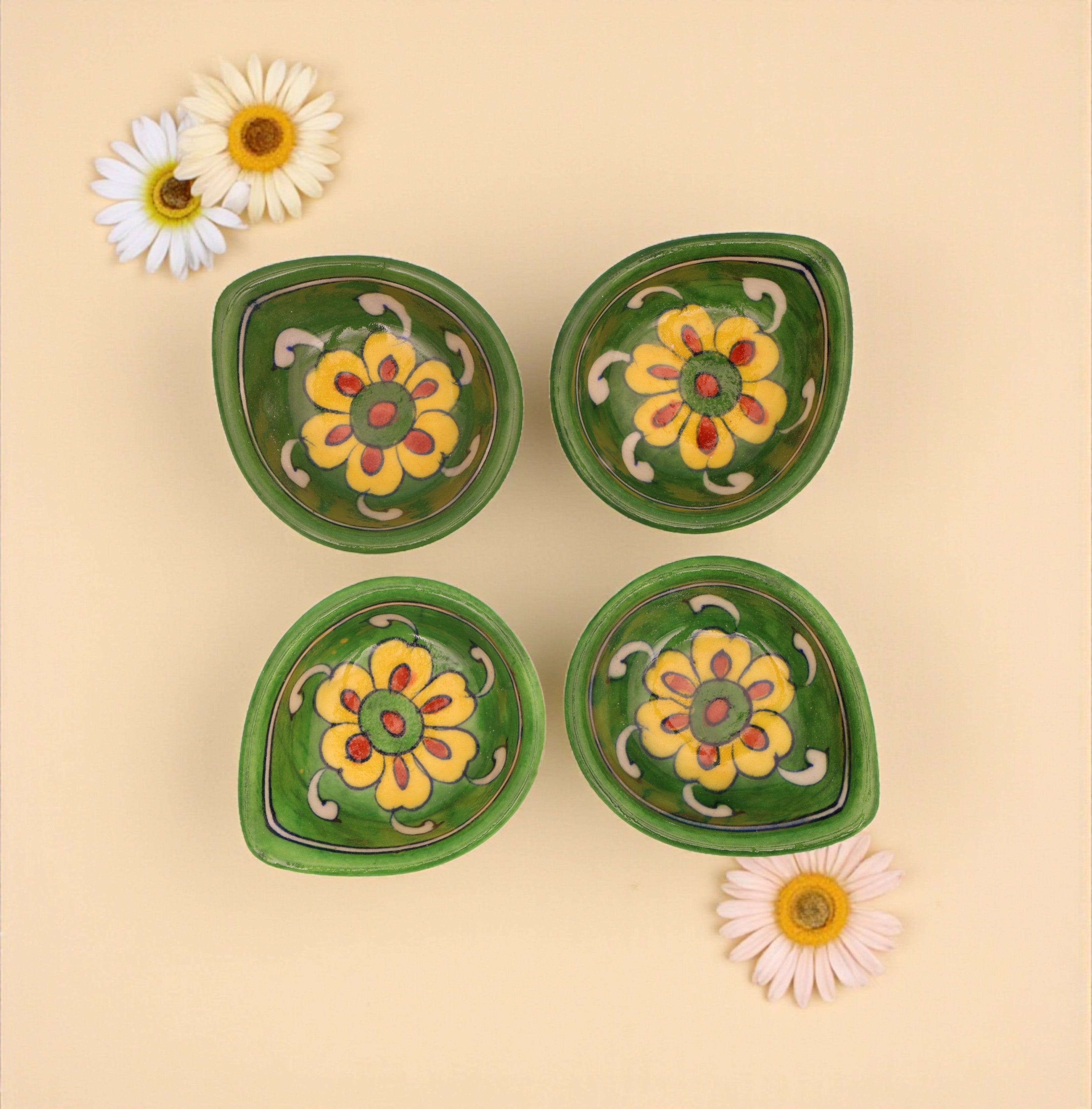 Handcrafted Blue Pottery Decorative Diyas  Set - Green