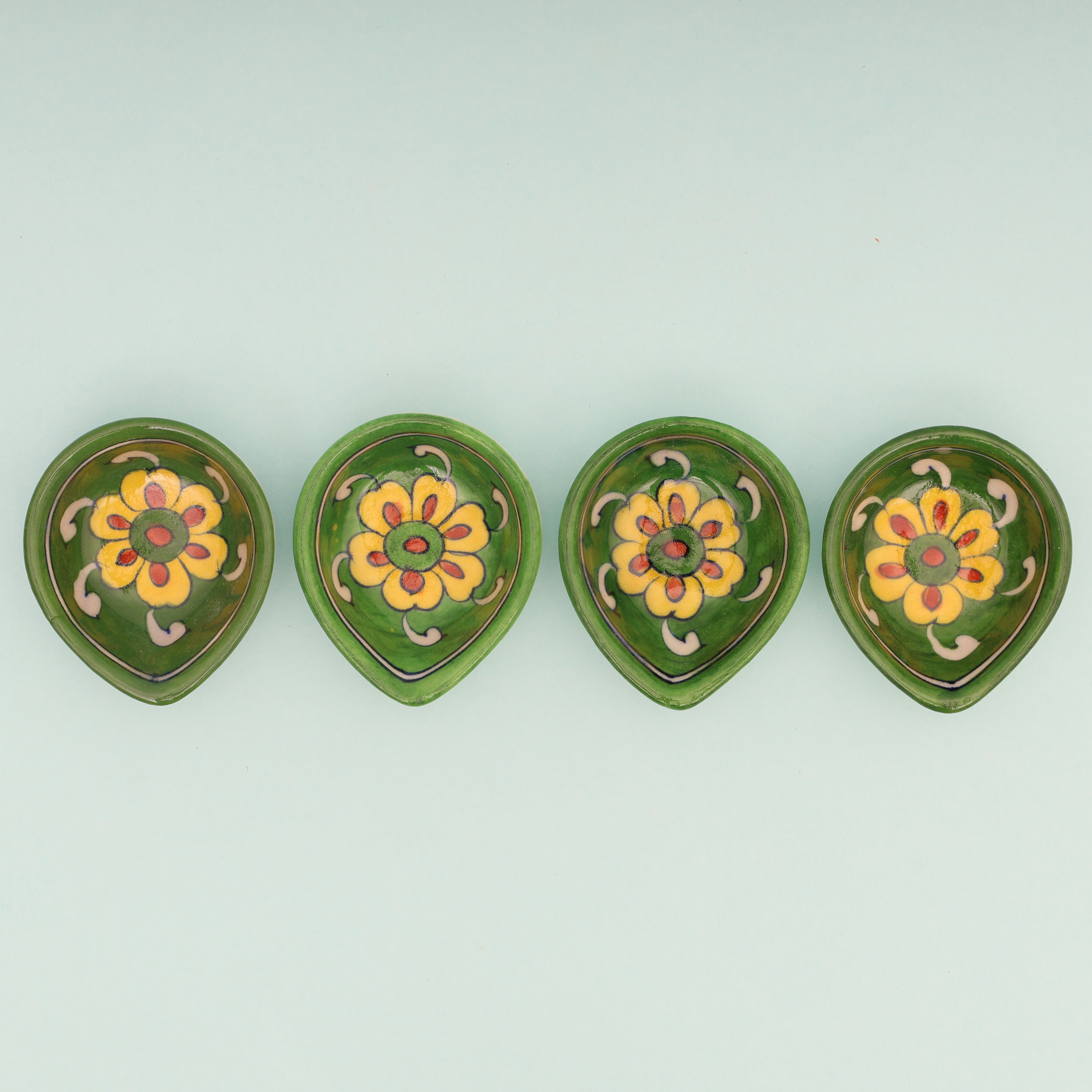 Handcrafted Blue Pottery Decorative Diyas  Set - Green