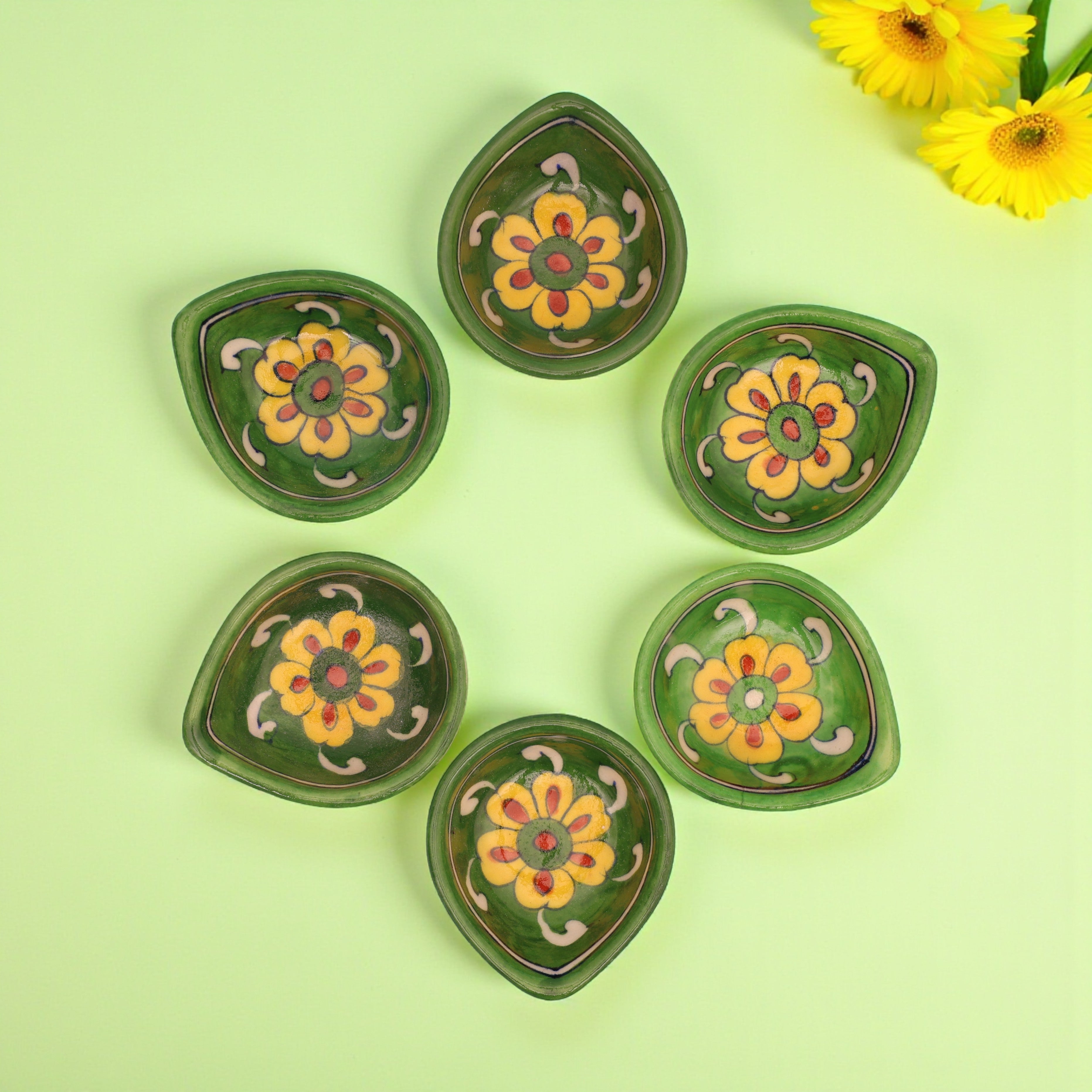 Handcrafted Blue Pottery Decorative Diyas  Set - Green