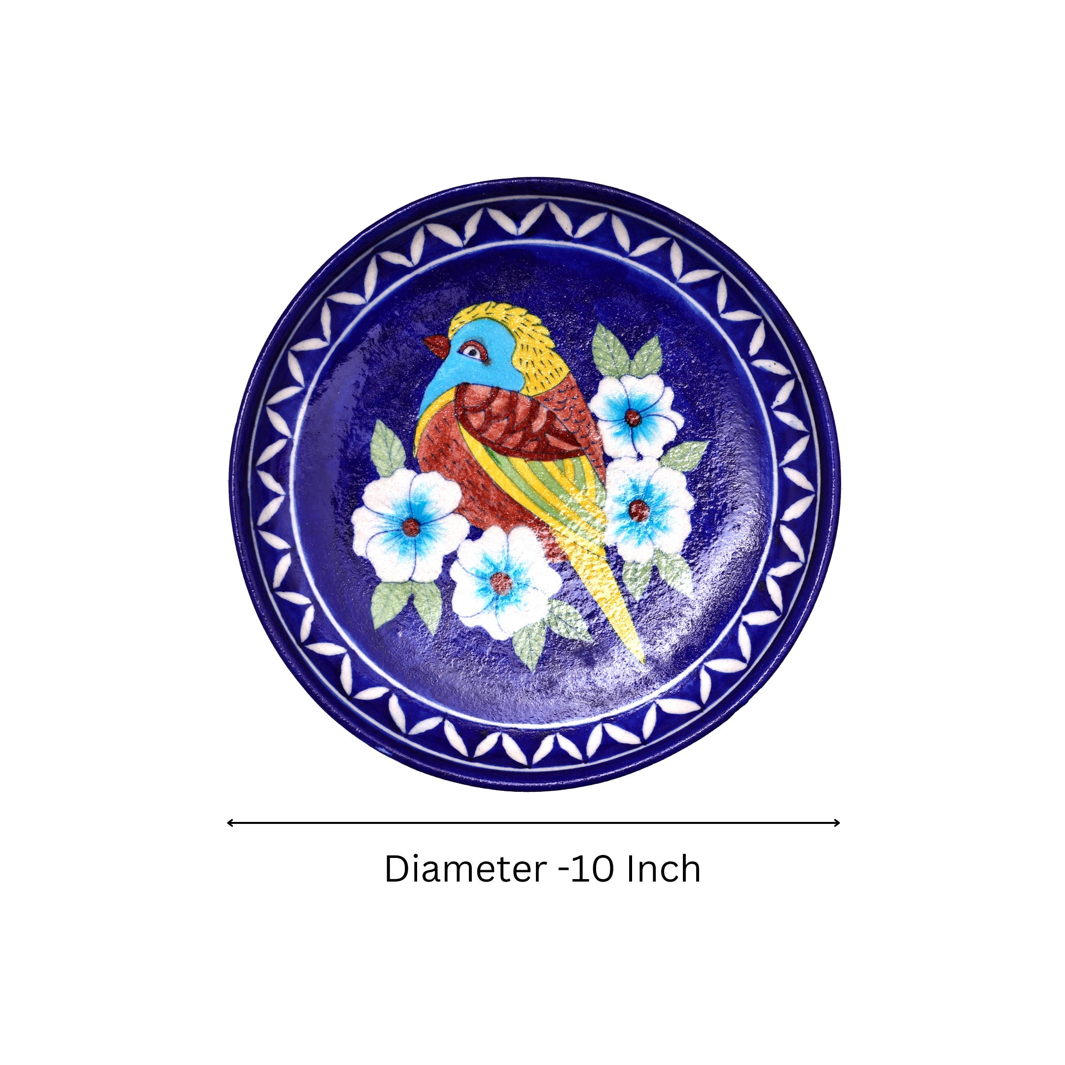 Handcrafted Blue Pottery Decorative Plate—Bird and Floral Pattern