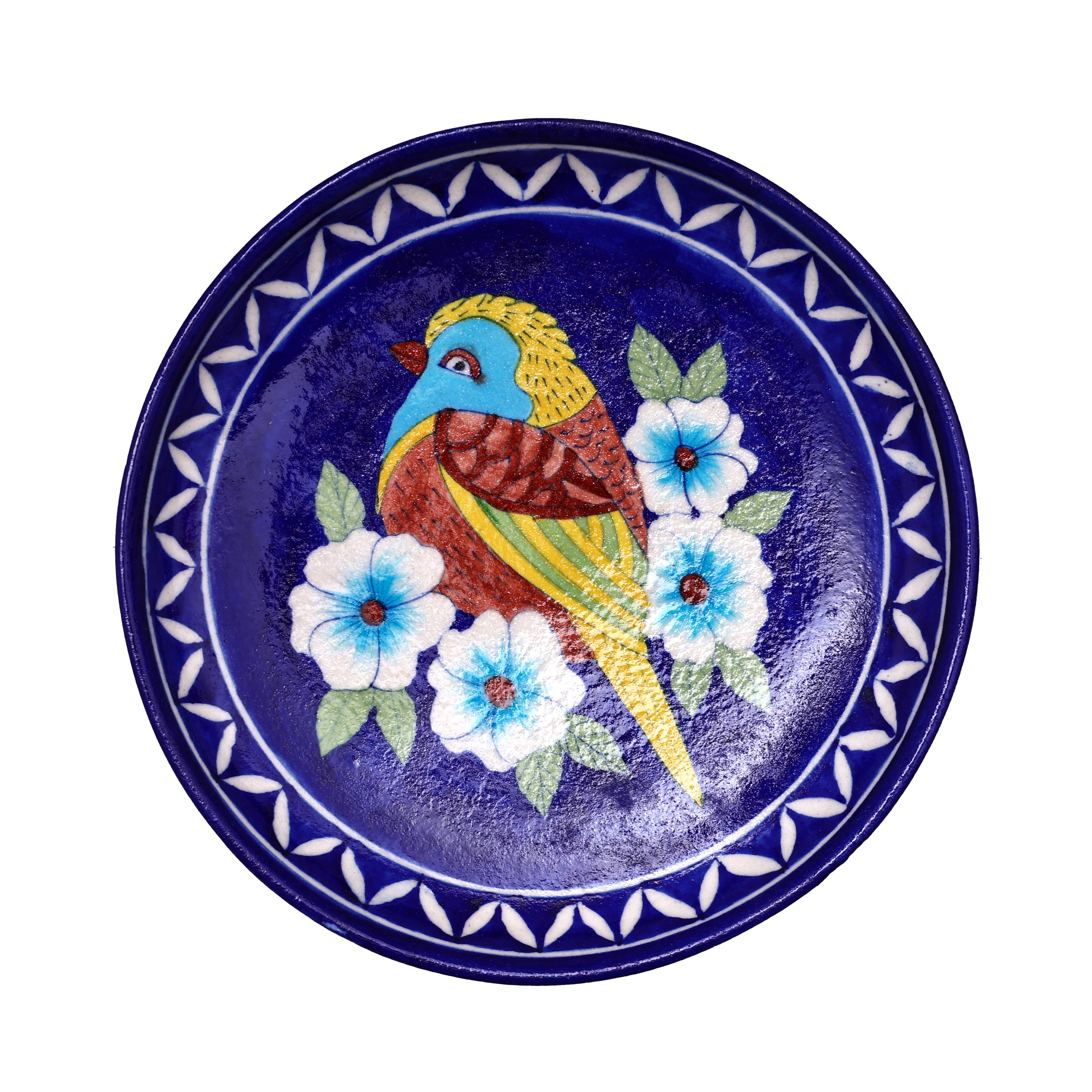 Handcrafted Blue Pottery Decorative Plate—Bird and Floral Pattern