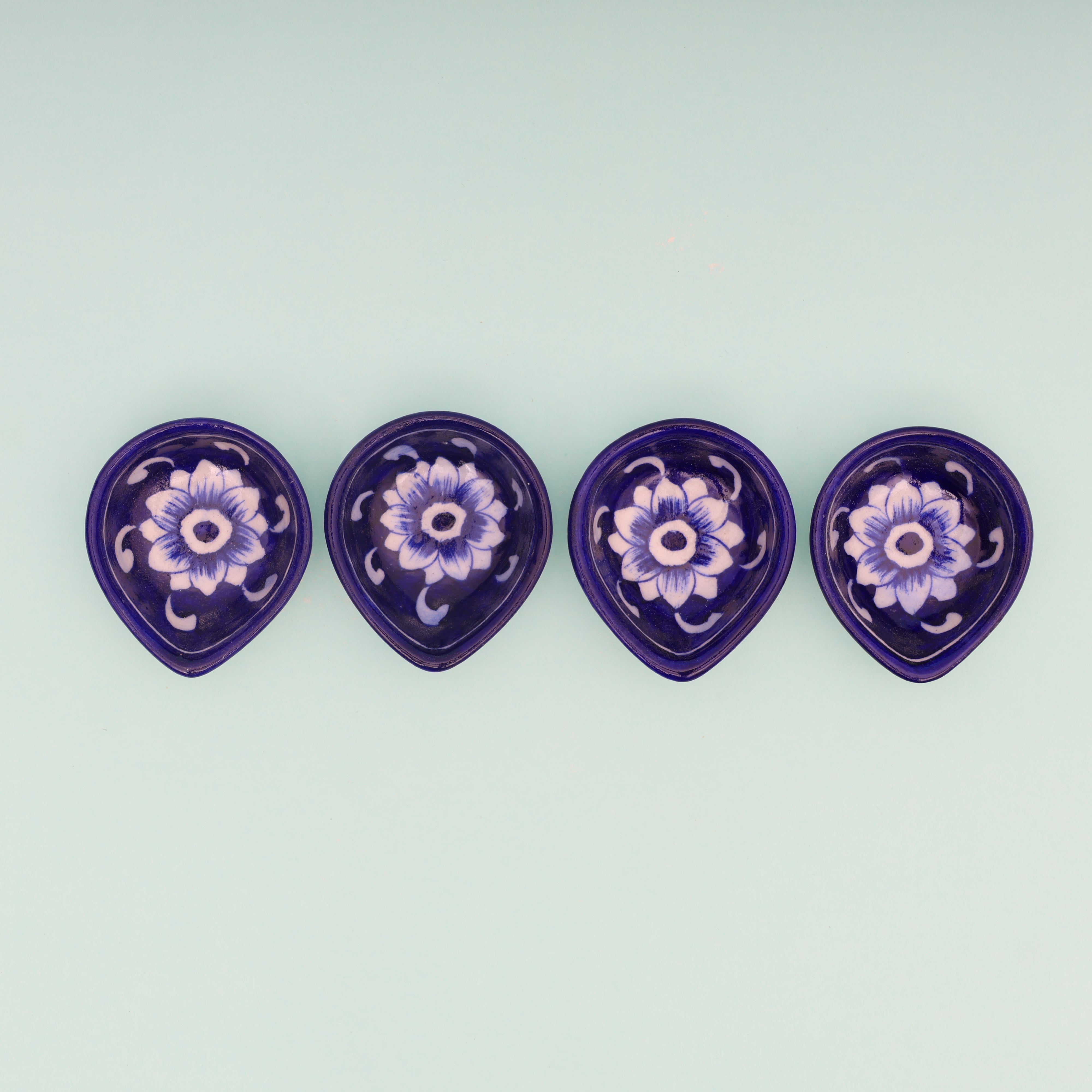 Handcrafted Blue Pottery Diyas Set - Blue - Leaf-Design