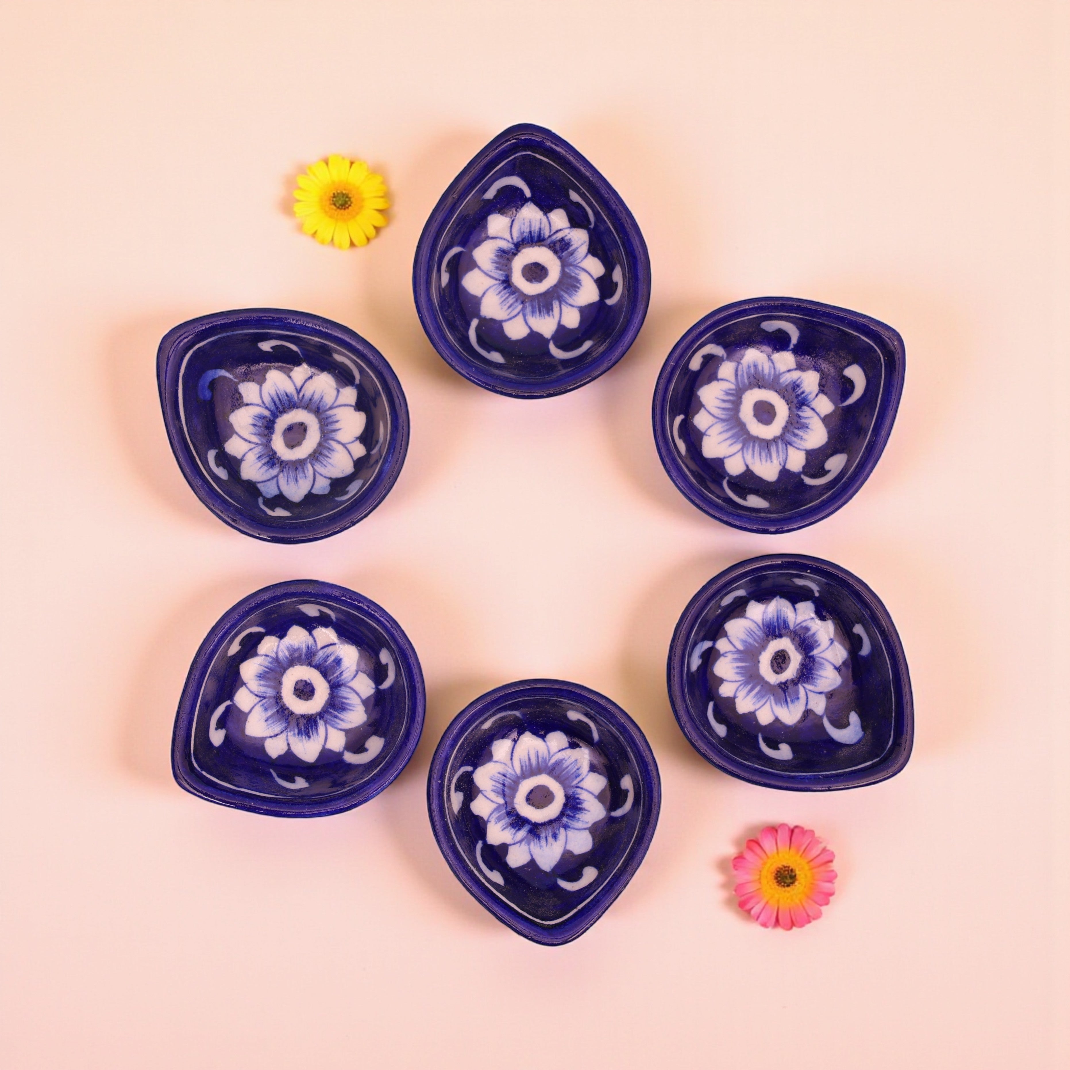 Handcrafted Blue Pottery Diyas Set - Blue - Leaf-Design
