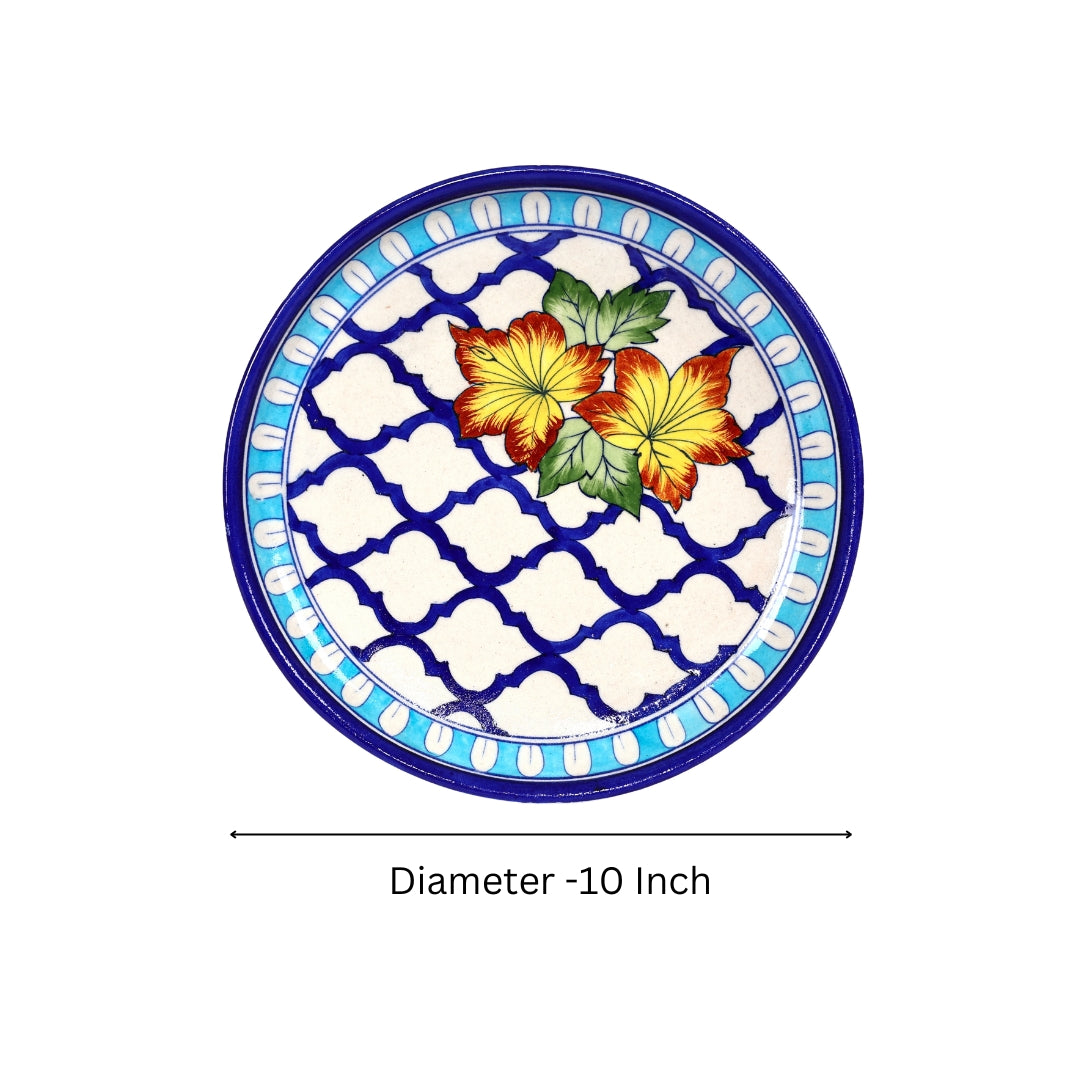 Handcrafted Blue Pottery Floral Decorative Plate—White and Blue