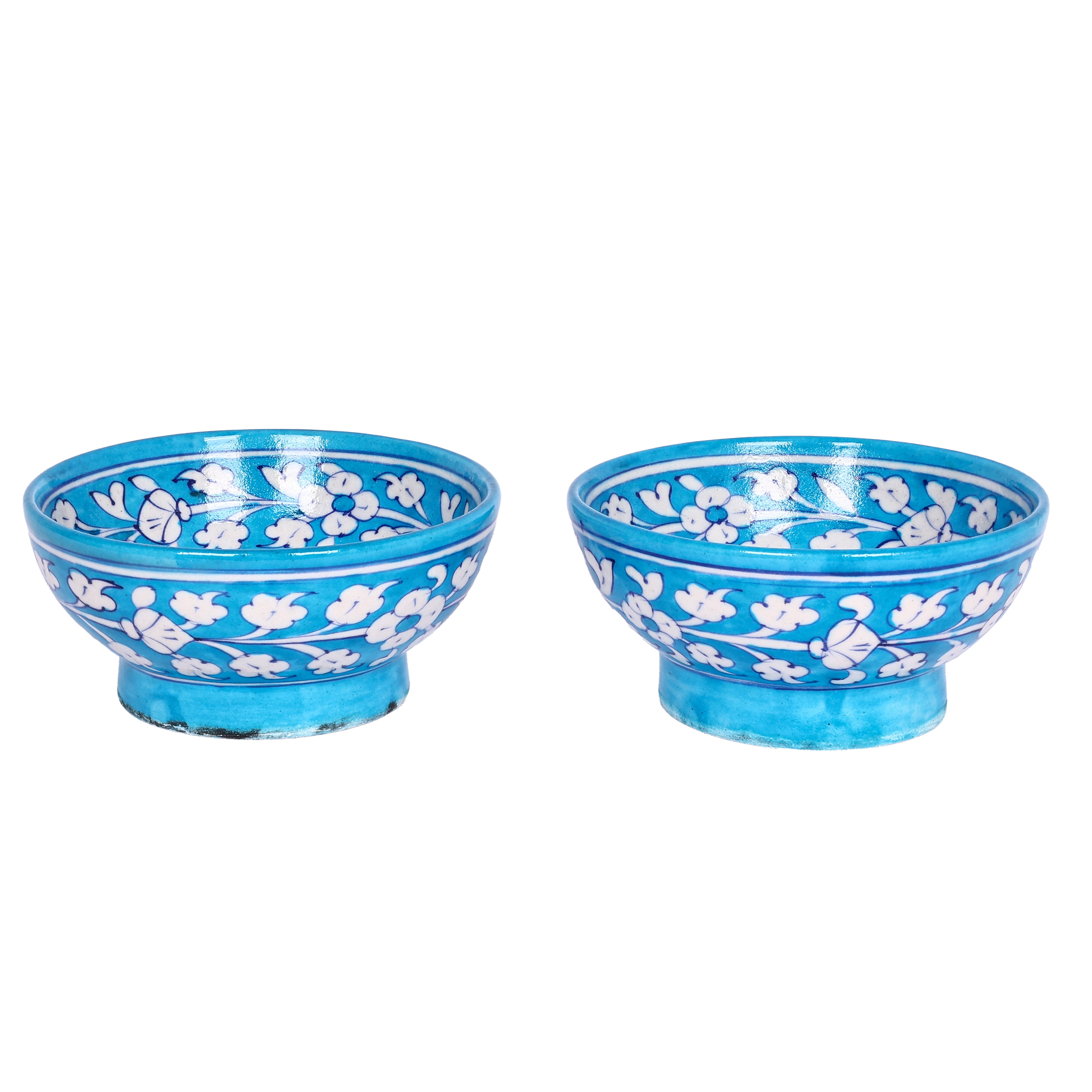 Handcrafted Blue Pottery Round Bowls—Cyan Blue