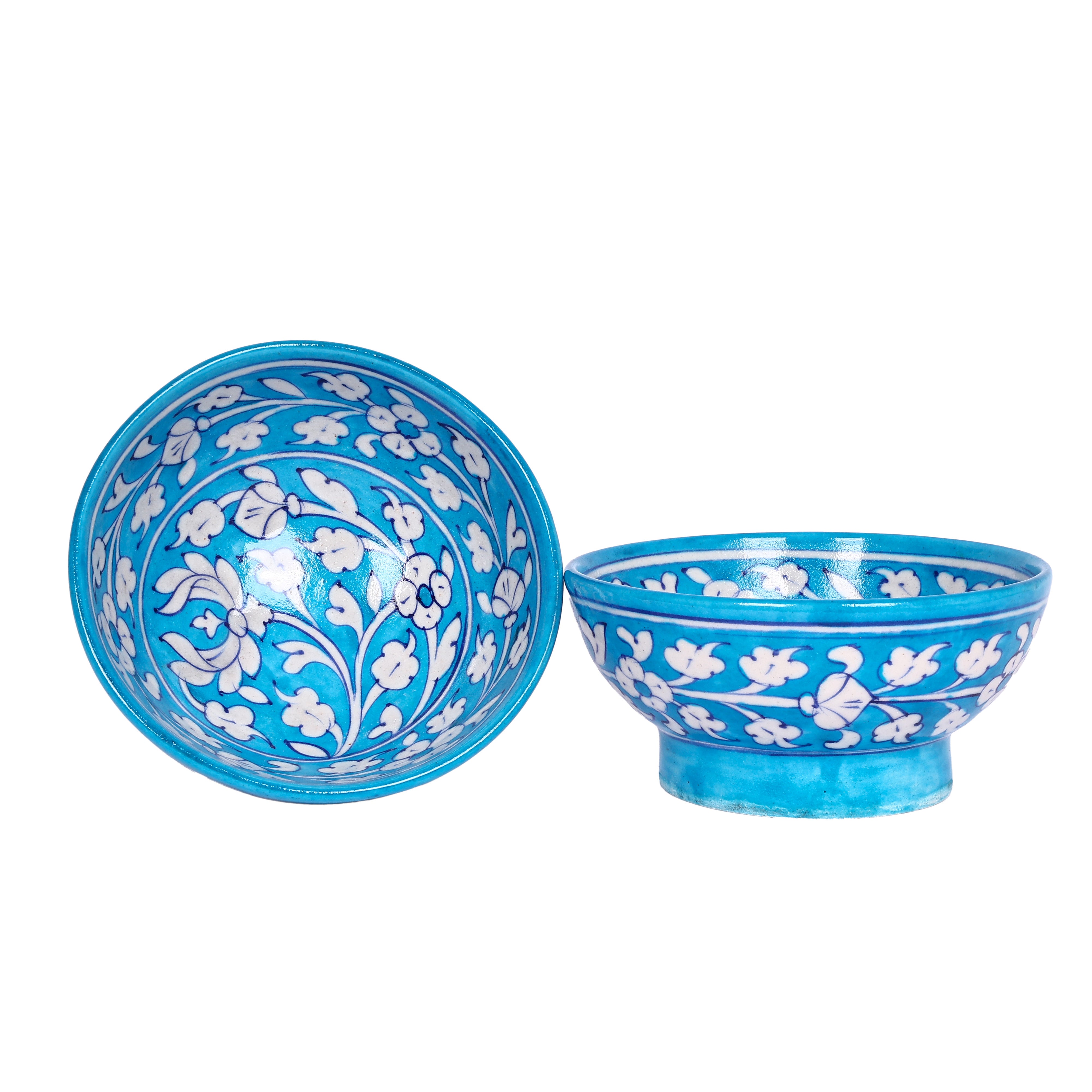Handcrafted Blue Pottery Round Bowls—Cyan Blue