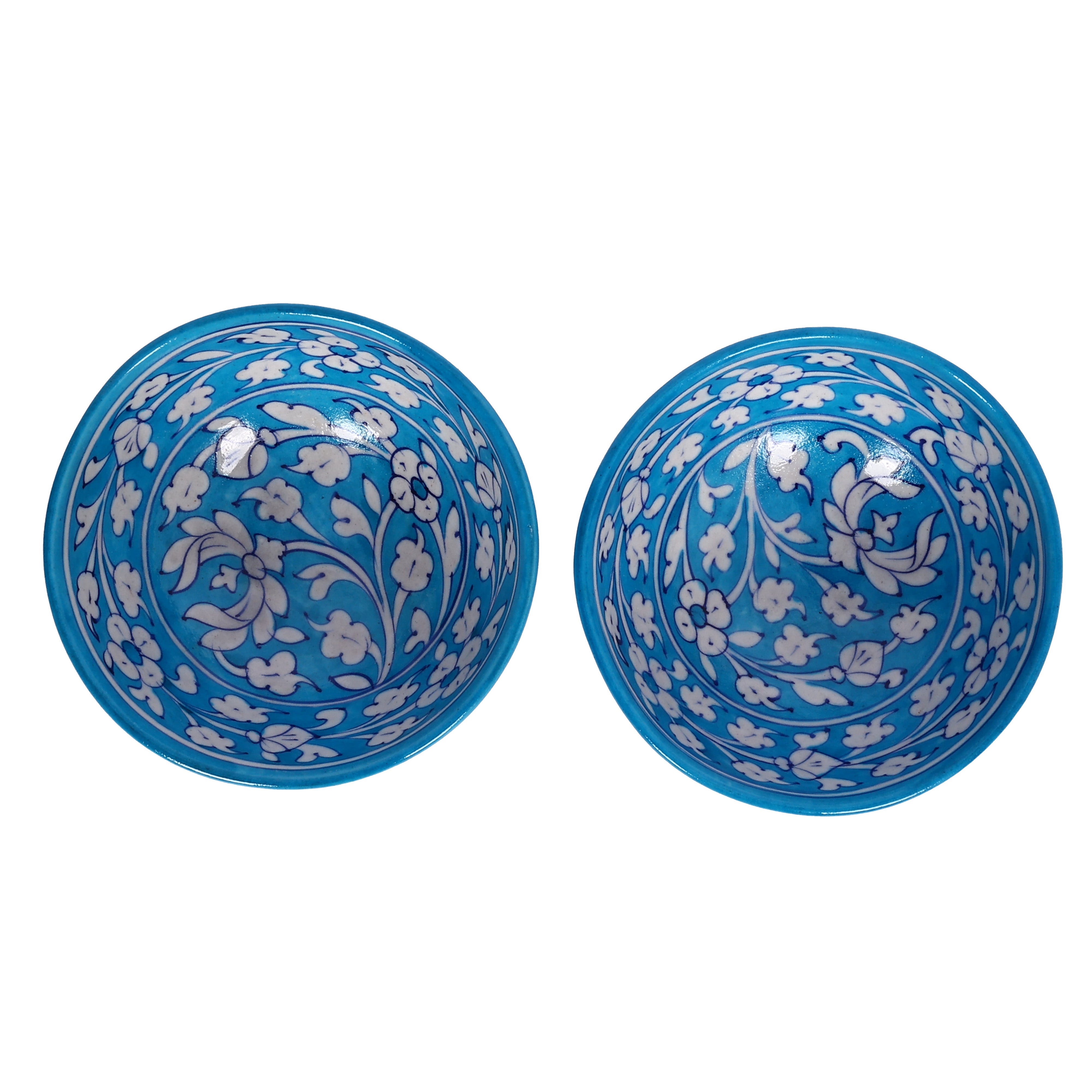 Handcrafted Blue Pottery Round Bowls—Cyan Blue