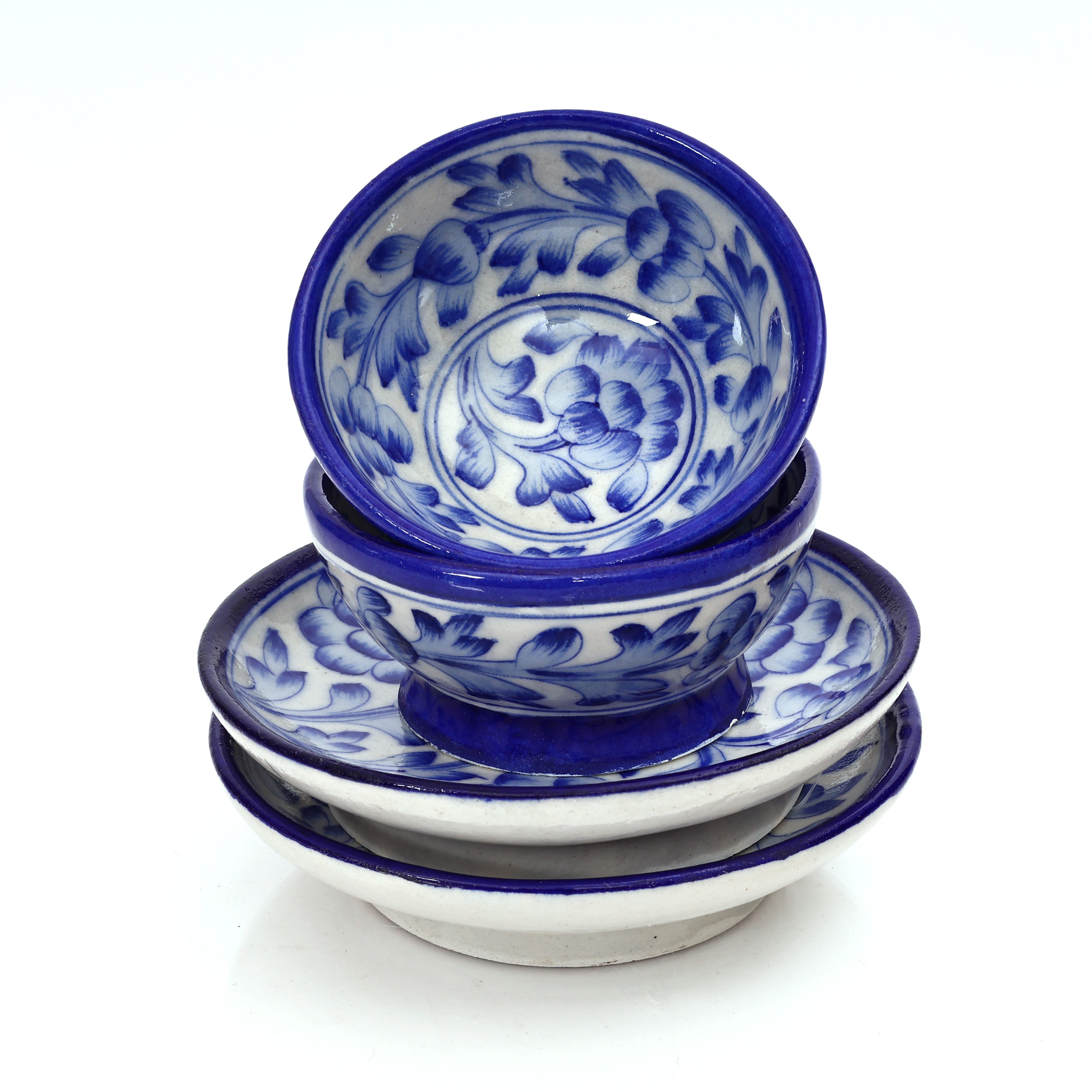 Handcrafted Blue Pottery Serving Set - Traditional Floral Dining Collection (Set of 2)