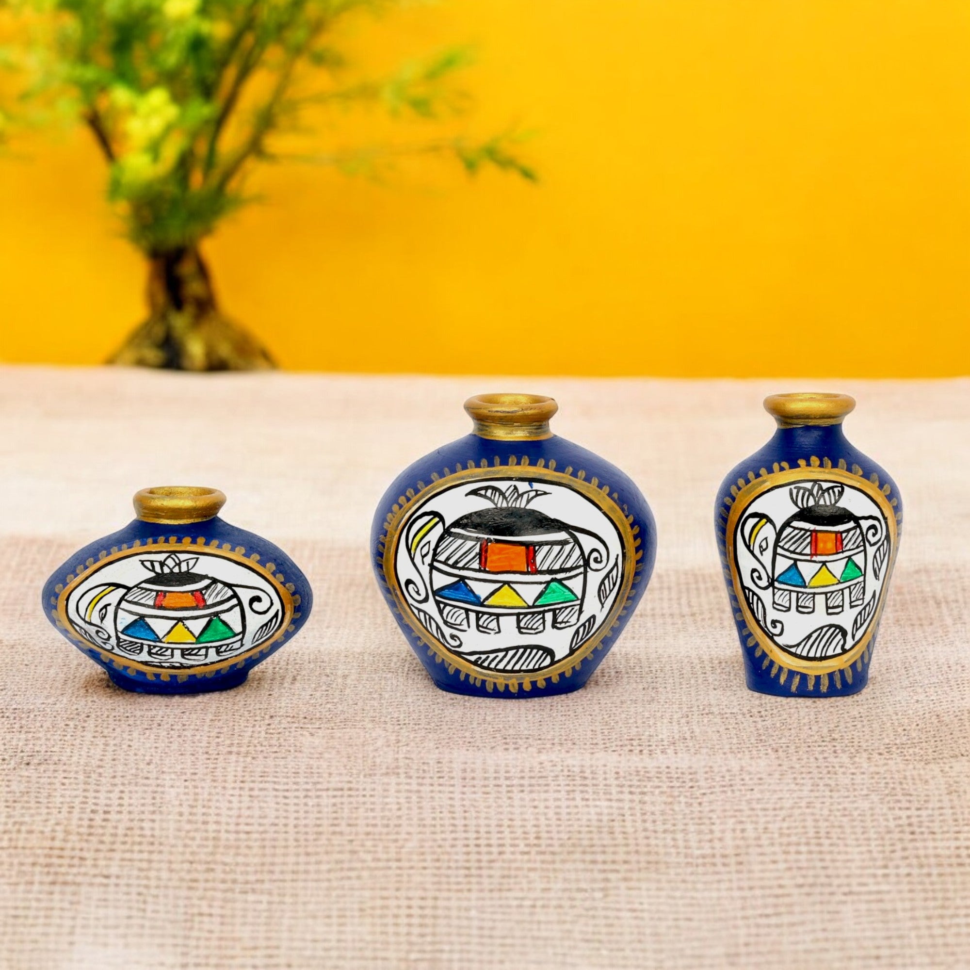 Handcrafted Blue Terracotta Pots for Home Decor - Set of 3 - Madhubani Hand Painting