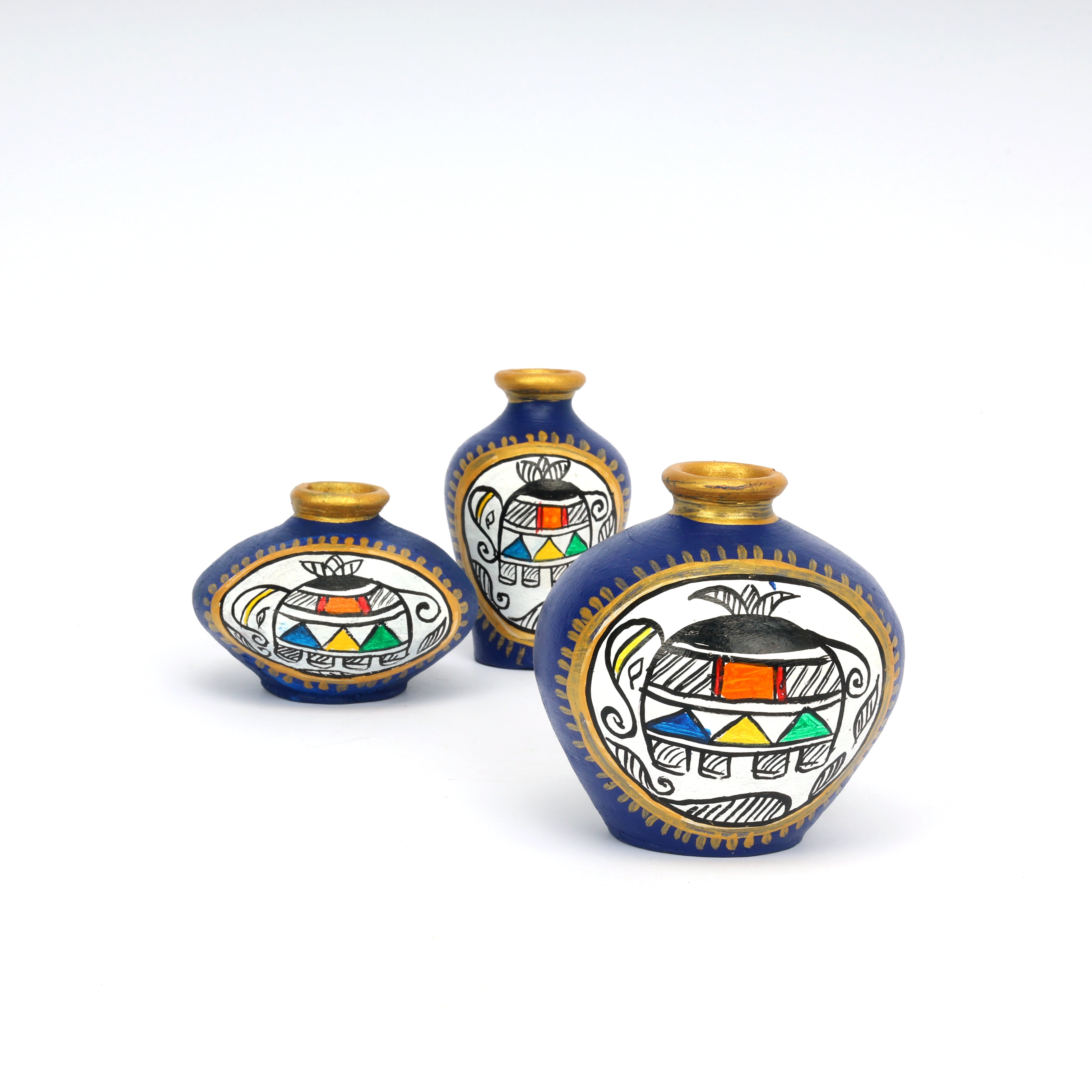 Handcrafted Blue Terracotta Pots for Home Decor - Set of 3 - Madhubani Hand Painting