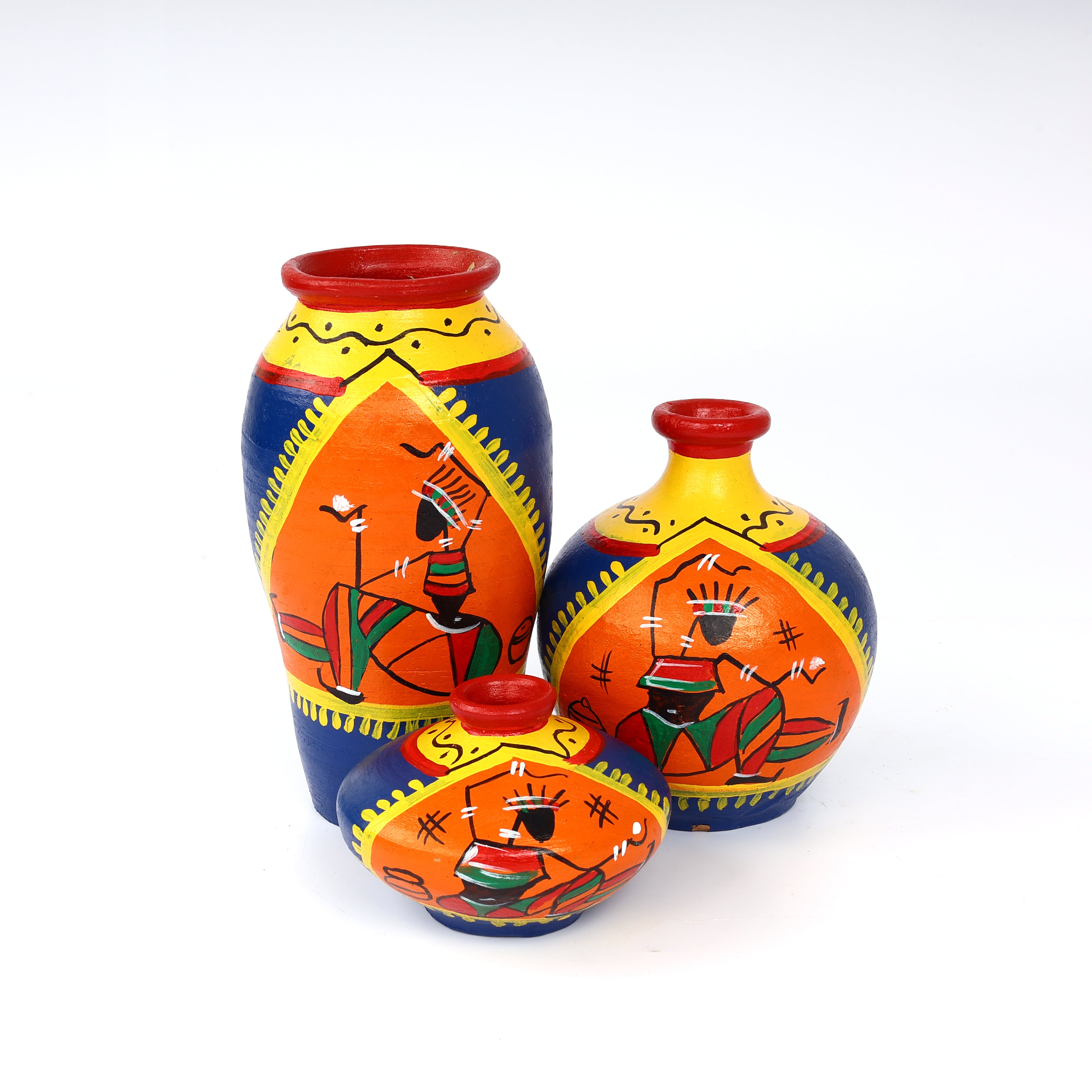 Handcrafted Blue and Orange Terracotta Pots for Home Decor - Set of 3 - Warli Hand Painting