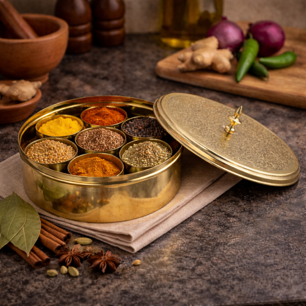 Handcrafted Brass Spice Box (With Spoon) - Kitchen Decor Essential ...