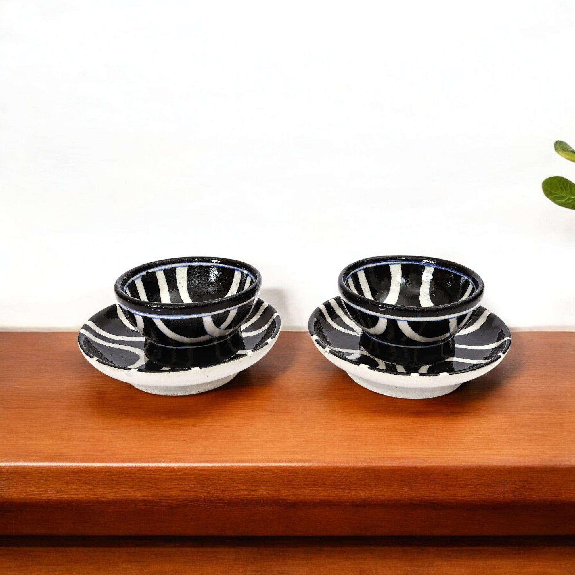 Handcrafted Black & White Blue Pottery Bowl & Plate Set – Modern Jaipur Art
