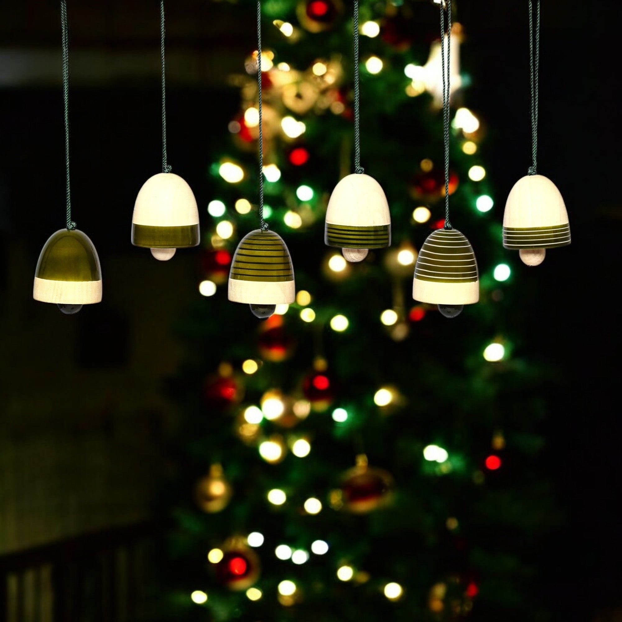 Handcrafted Eco-friendly Green Wooden Bell Hangings for Christmas Decor