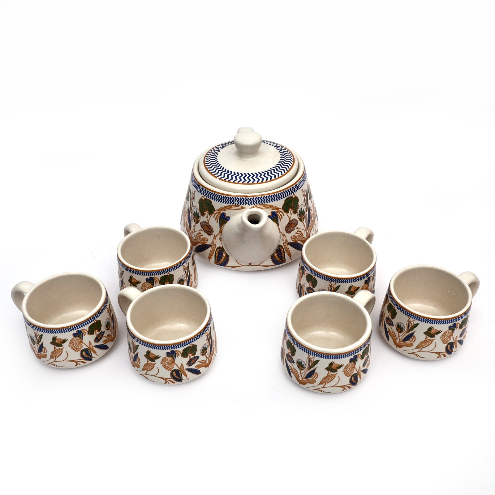 Handcrafted Floral Pattern Ceramic Tea pot Cup set (1 Kettle and 6 cups)