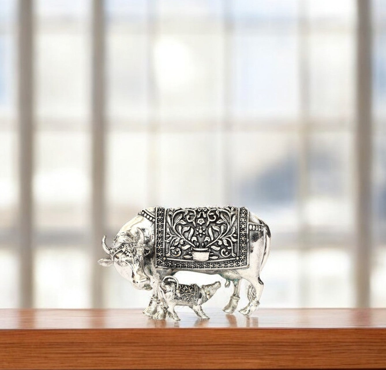 Handcrafted German Silver Cow and Calf Sculpture - Traditional Indian Decor for Home & Pooja