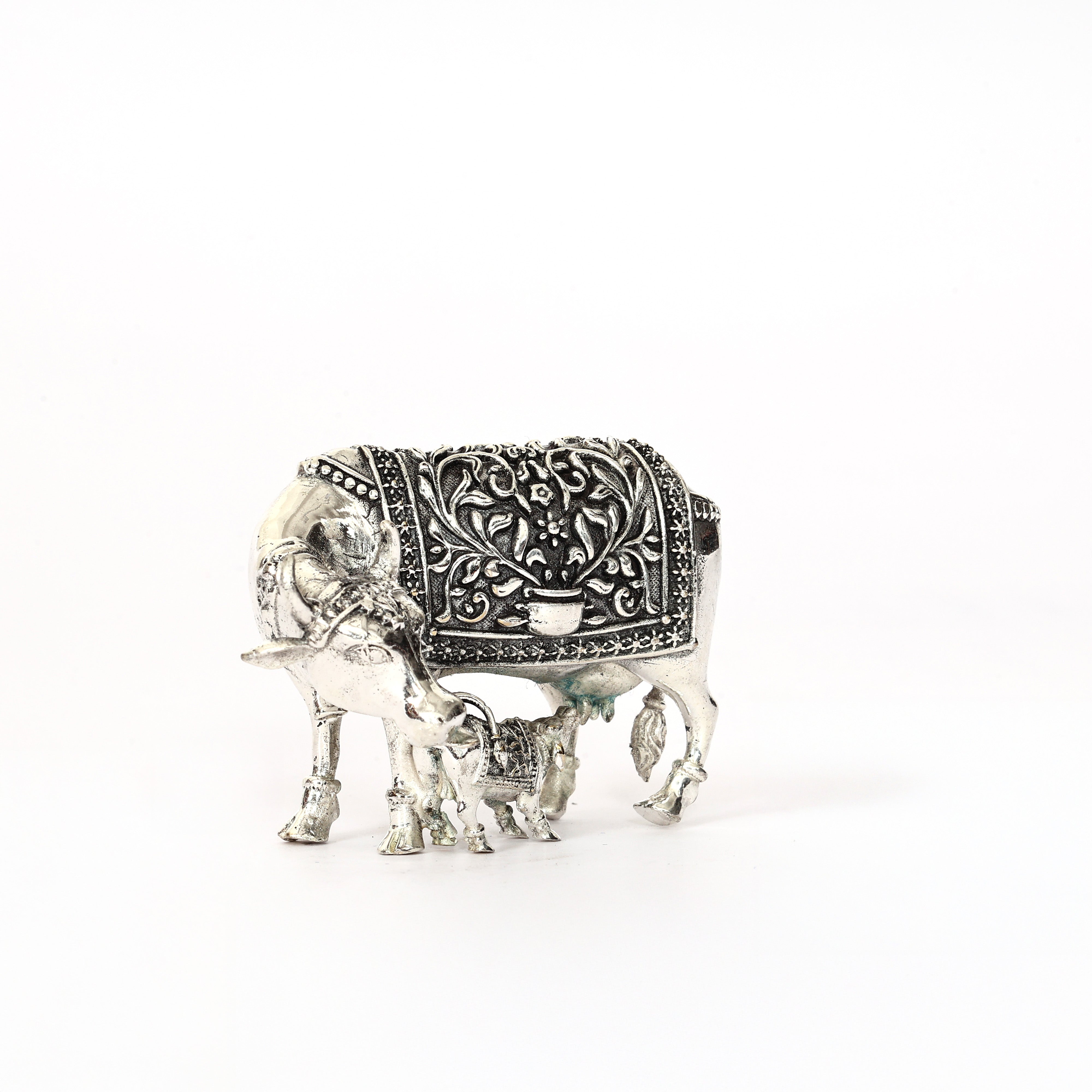Handcrafted German Silver Cow and Calf Sculpture - Traditional Indian Decor for Home & Pooja