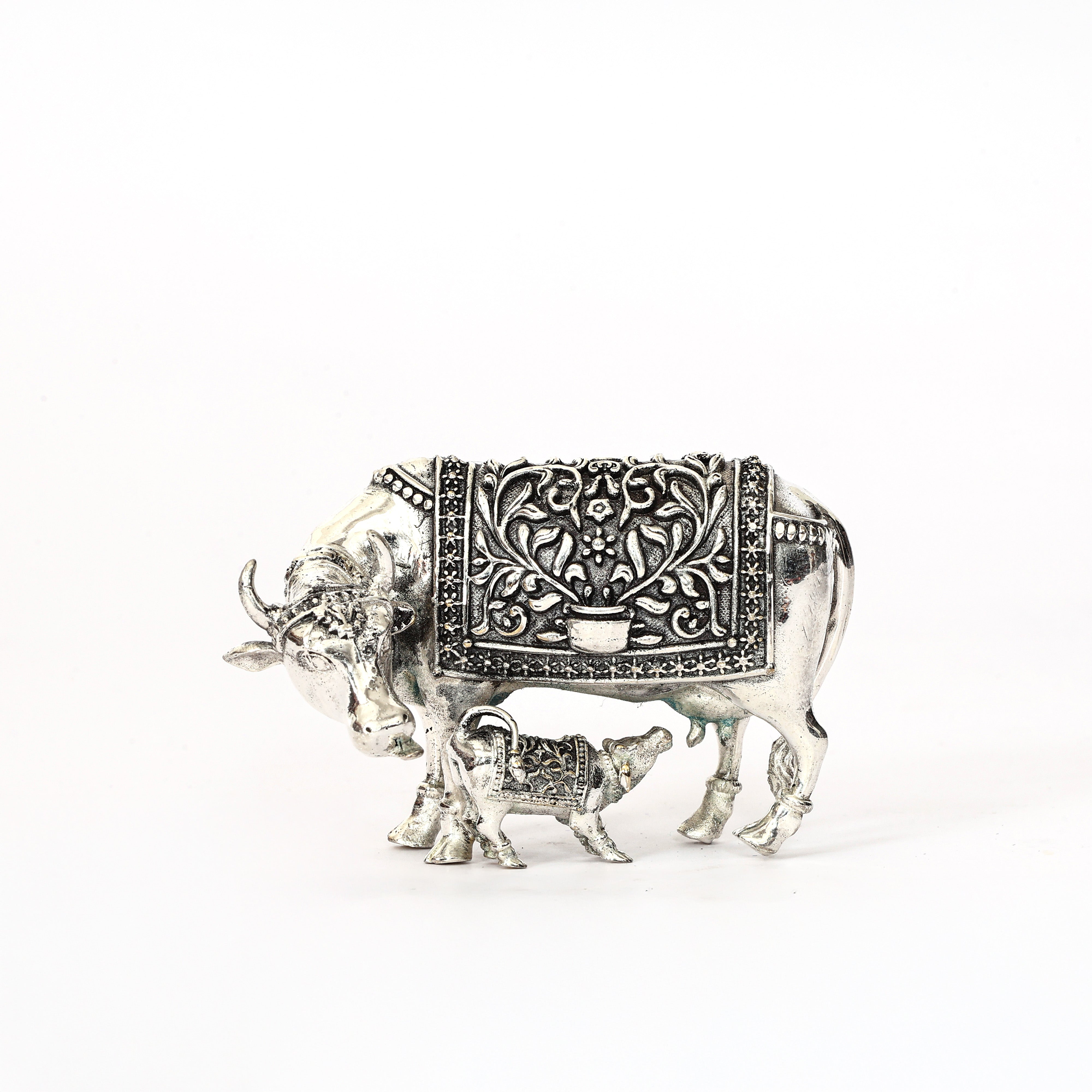 Handcrafted German Silver Cow and Calf Sculpture - Traditional Indian Decor for Home & Pooja
