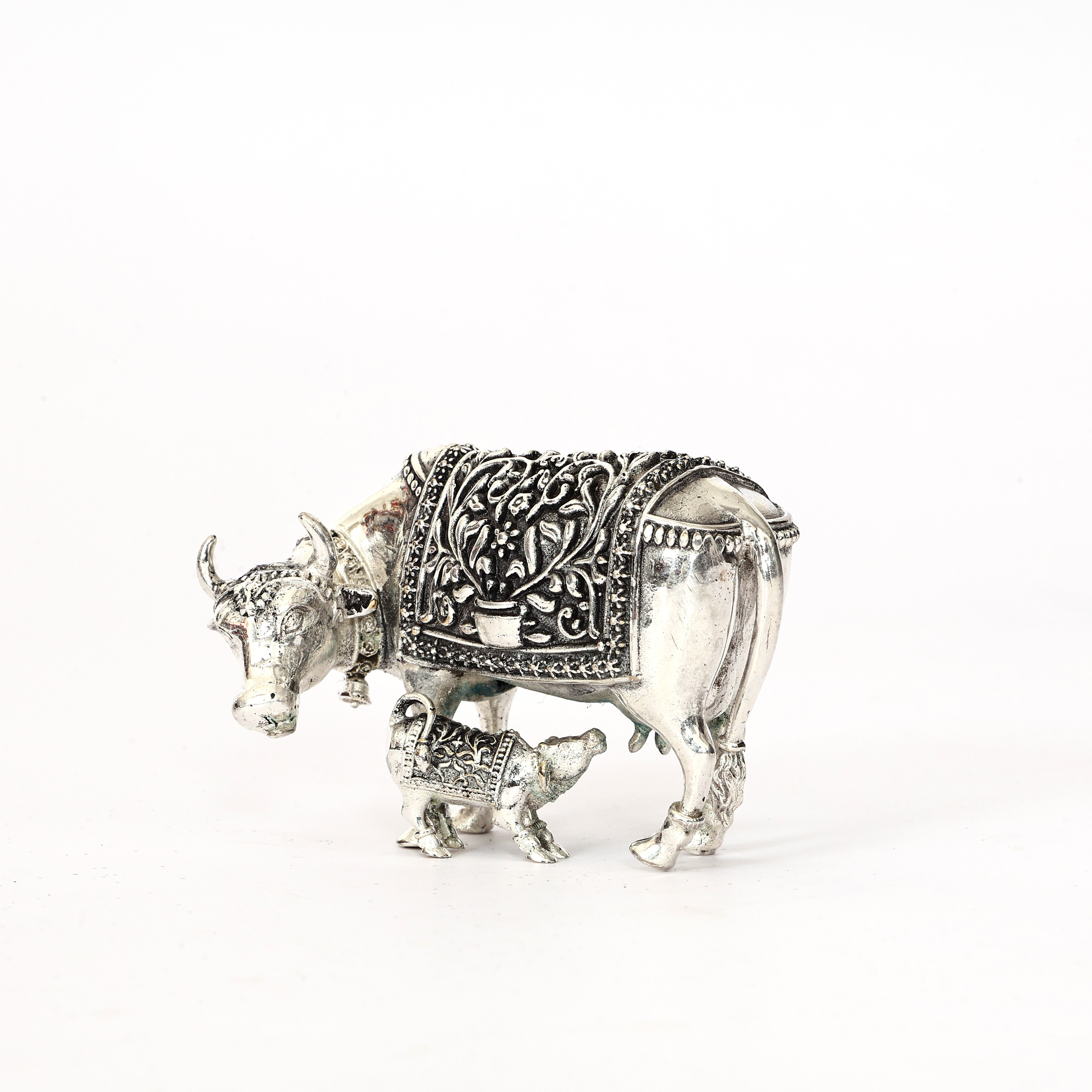 Handcrafted German Silver Cow and Calf Sculpture - Traditional Indian Decor for Home & Pooja