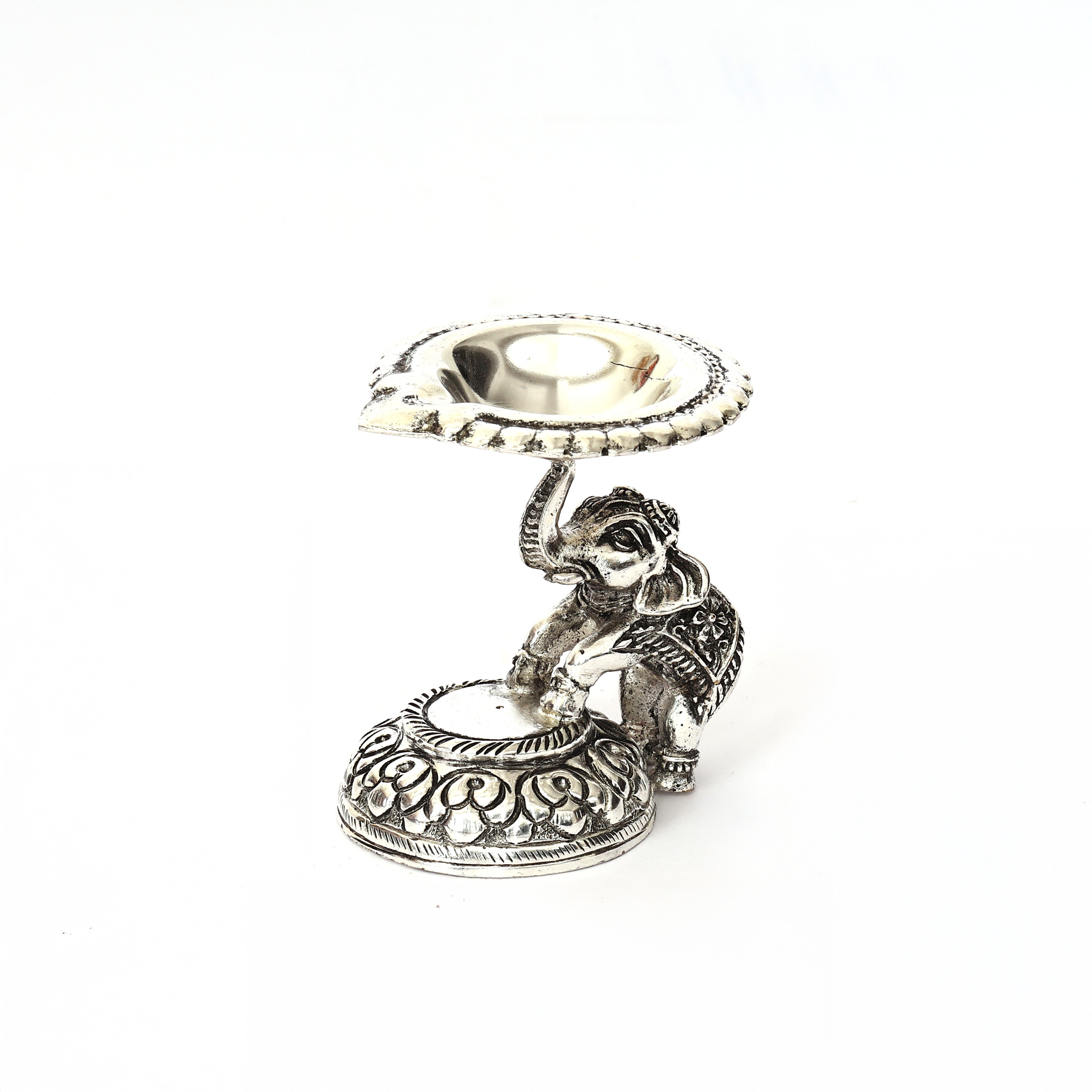 Handcrafted German Silver Elephant Diya - Traditional Indian Oil Lamp for Pooja & Home Decor