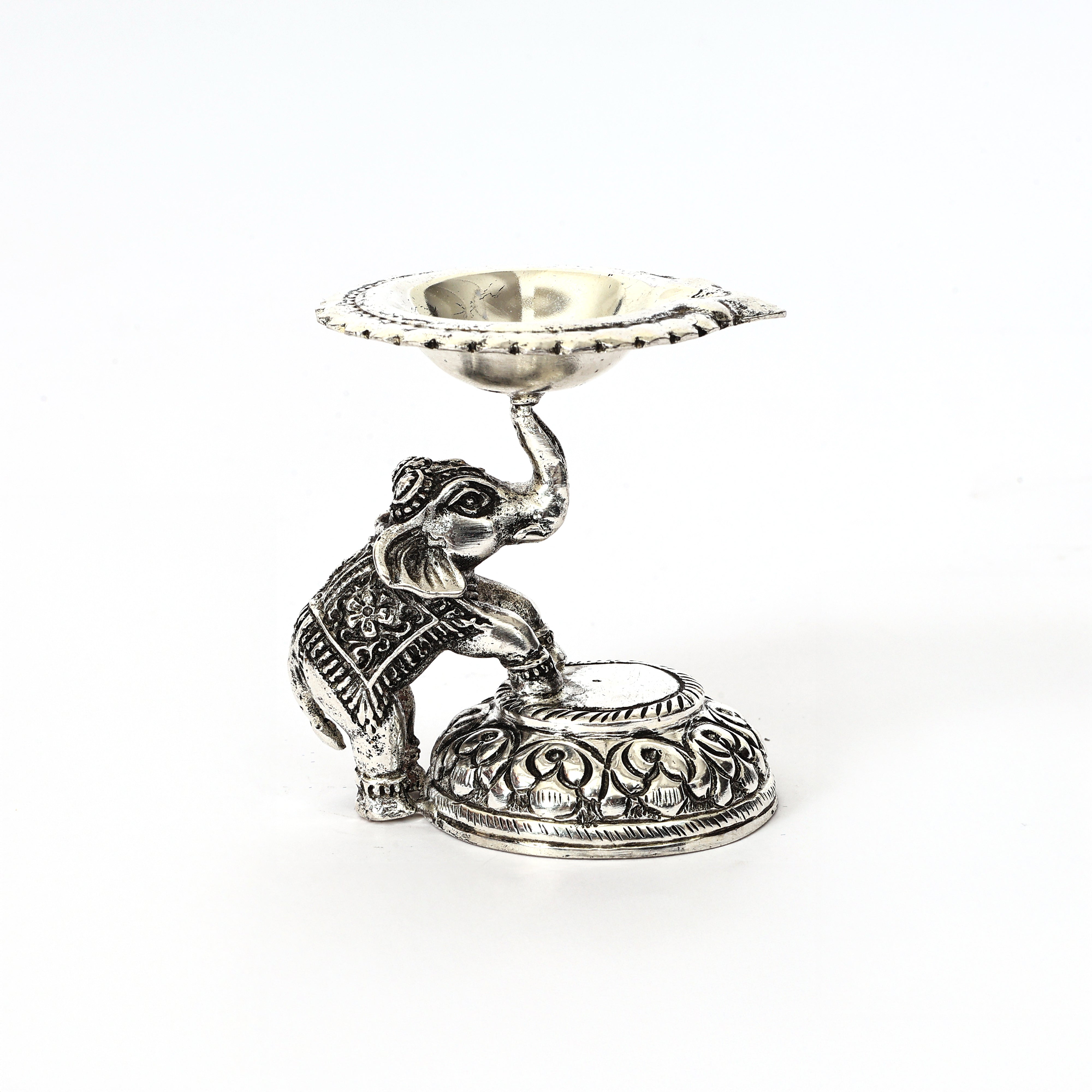 Handcrafted German Silver Elephant Diya - Traditional Indian Oil Lamp for Pooja & Home Decor