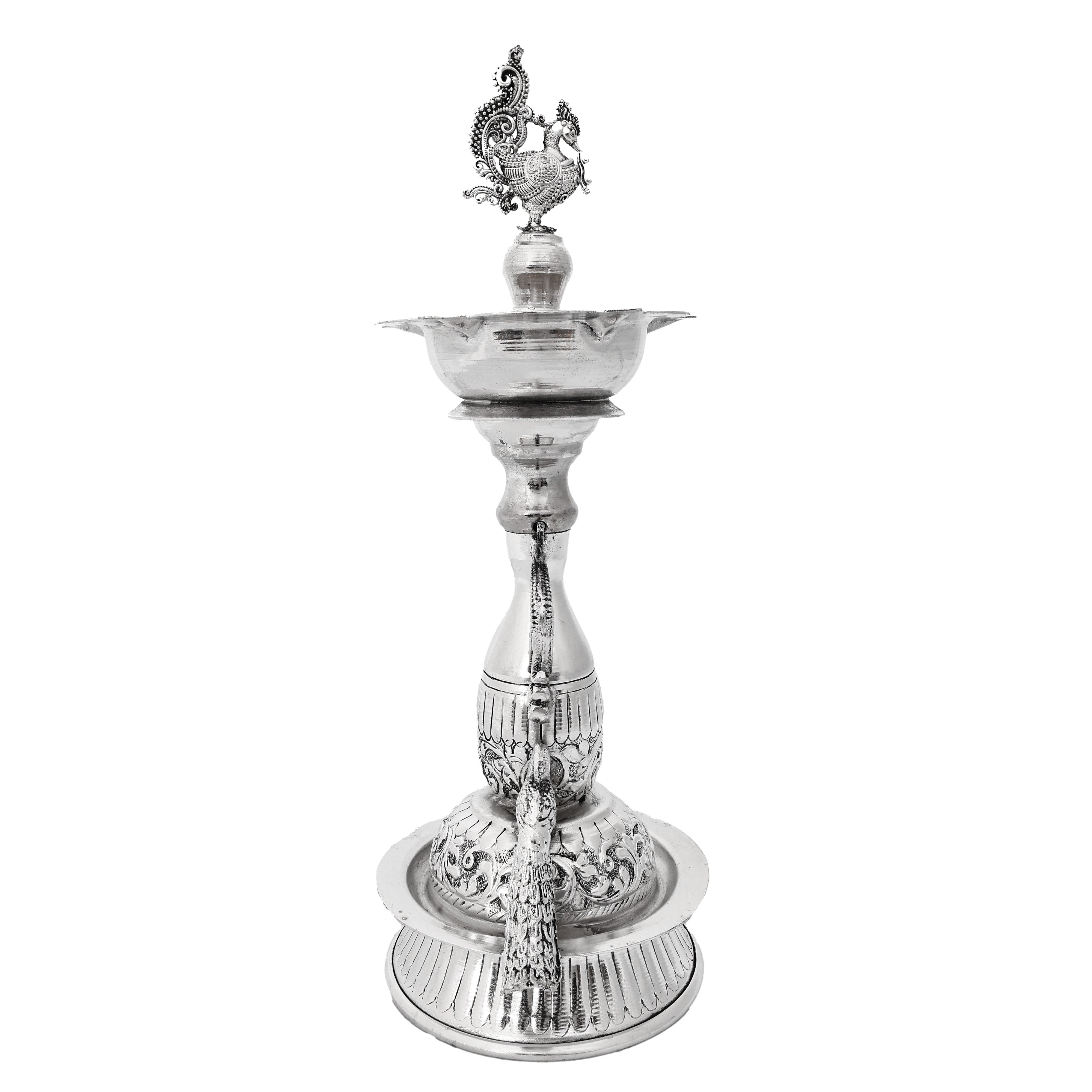 Handcrafted German Silver Peacock Diya Indian Oil Lamp Decor