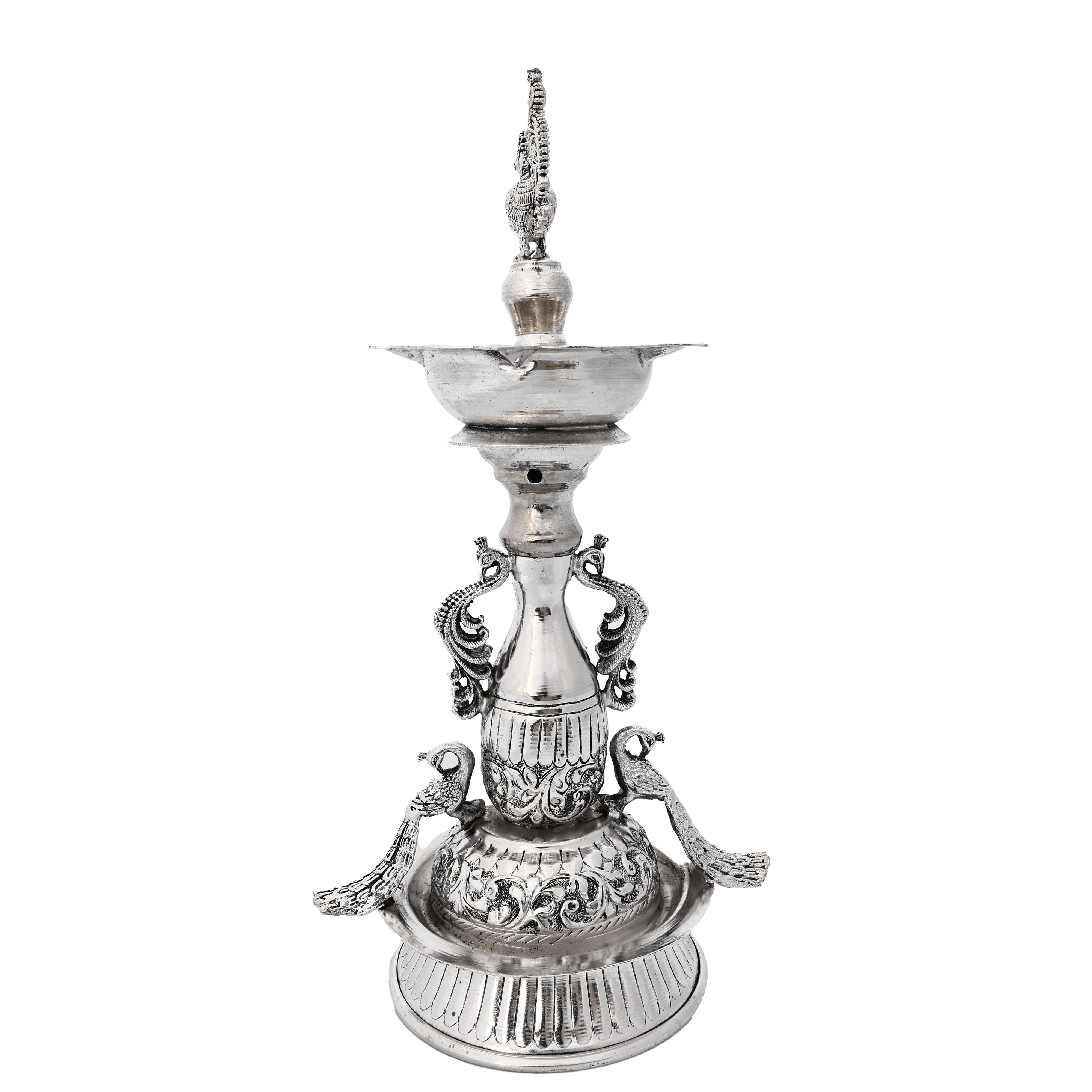 Handcrafted German Silver Peacock Diya Indian Oil Lamp Decor