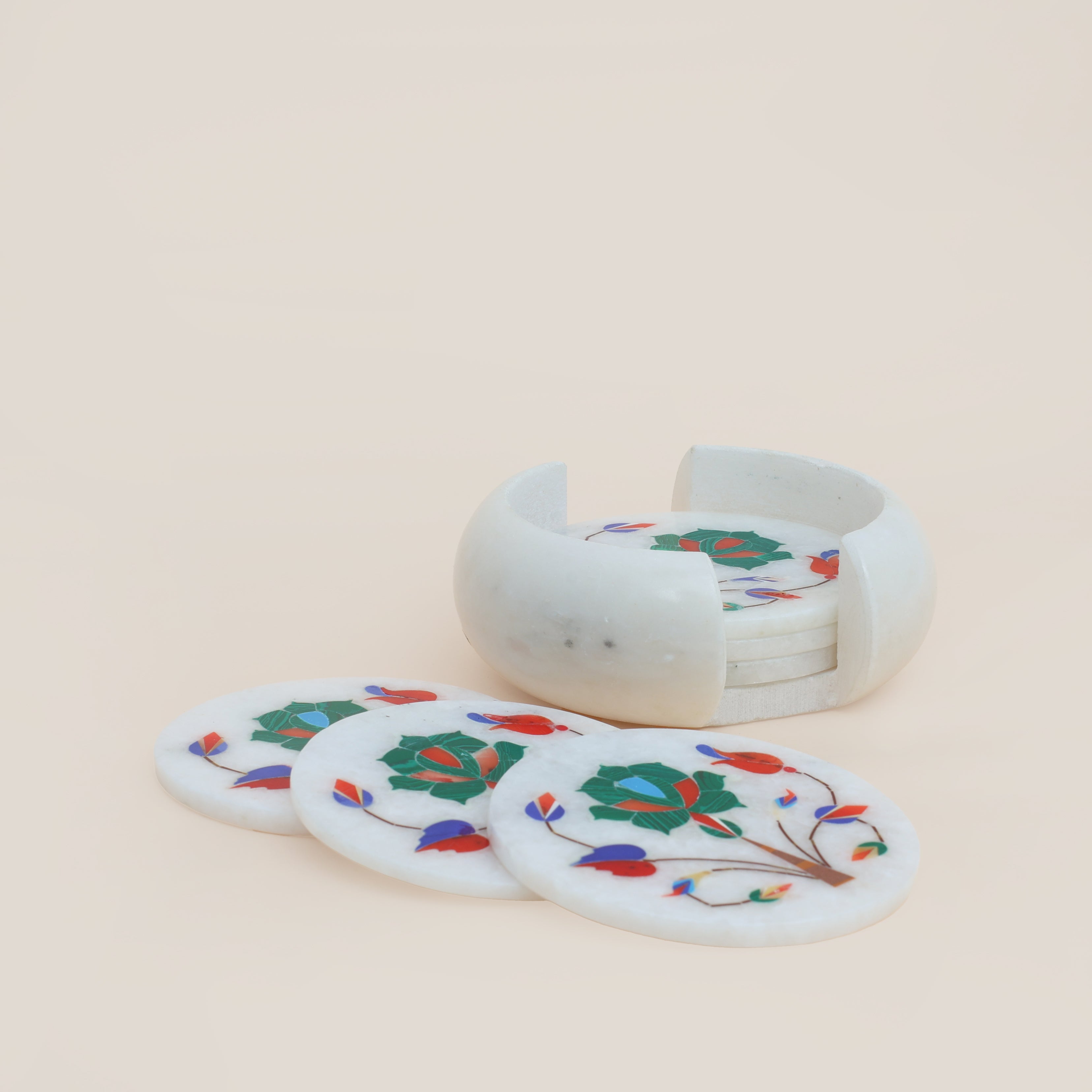 Handcrafted Green Marble Inlay Coasters (Set of 6) – Pacchikari Stone Inlay Technique