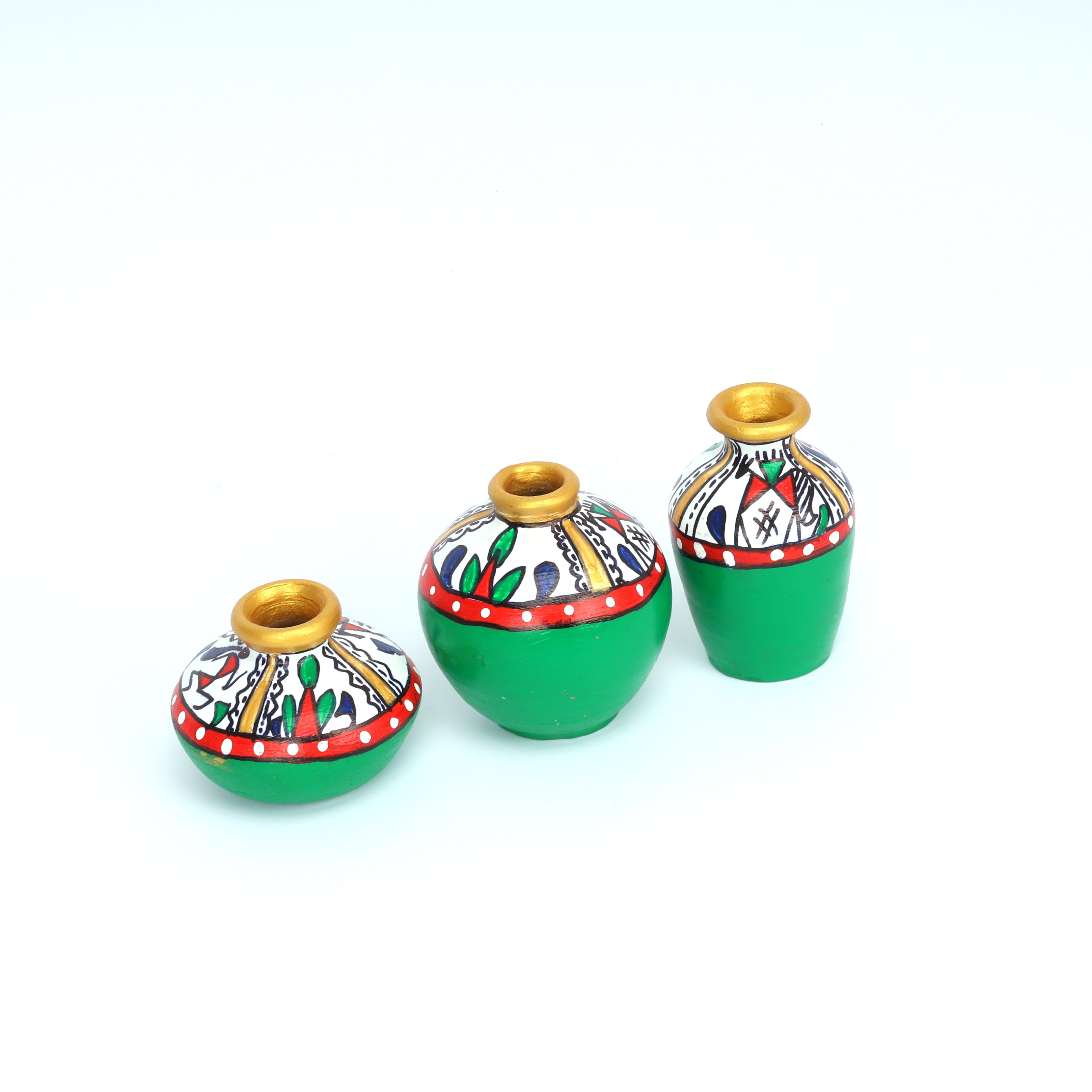 Handcrafted Green Terracotta Pots for Home Decor - Set of 3 - Warli Hand Painting