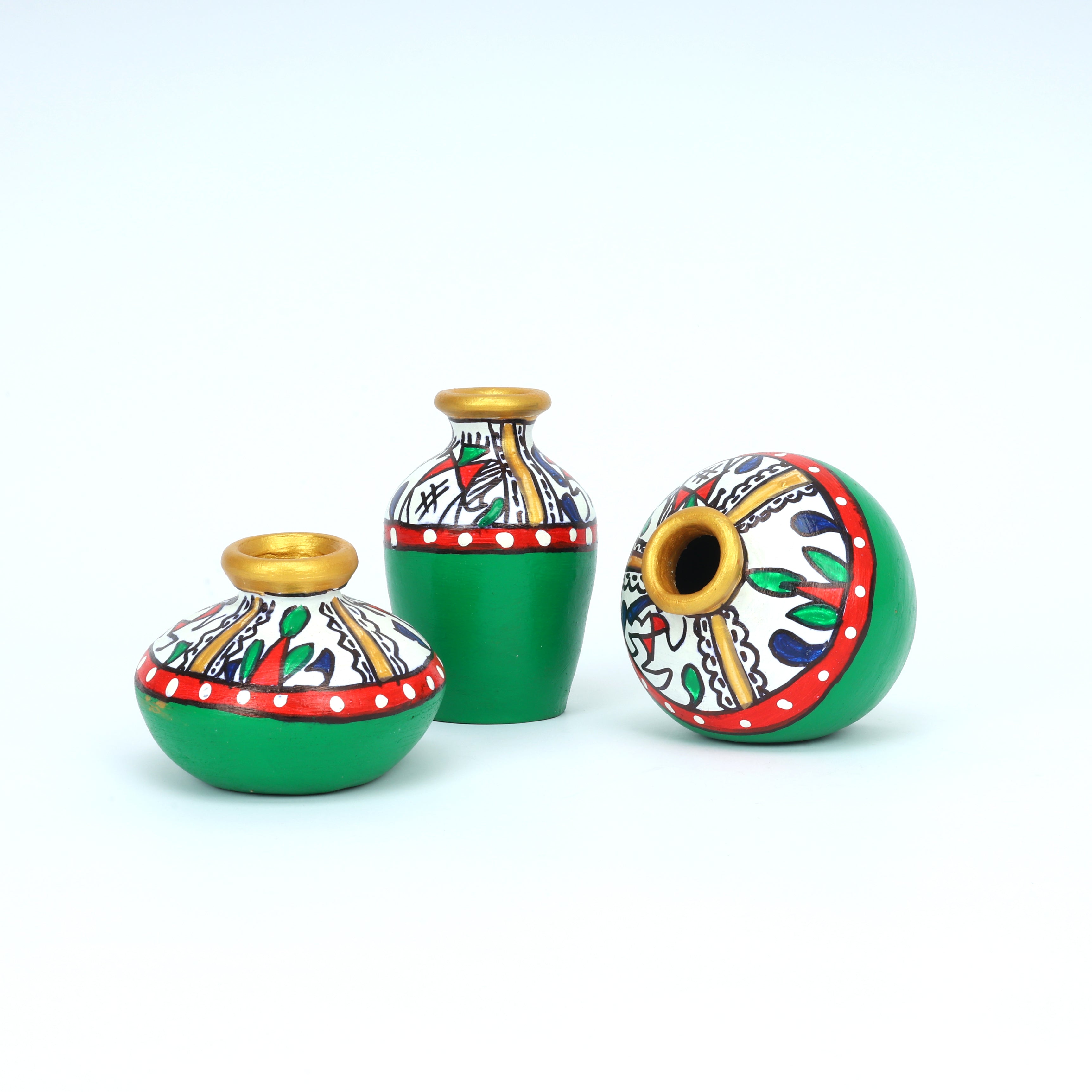Handcrafted Green Terracotta Pots for Home Decor - Set of 3 - Warli Hand Painting