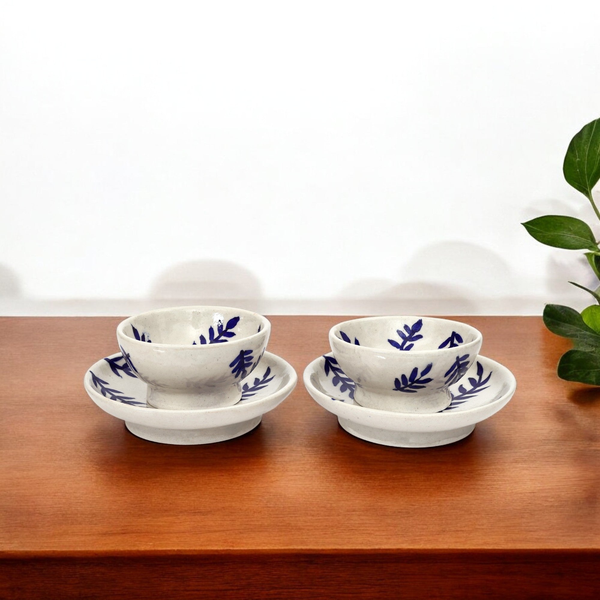 Handcrafted Jaipur Blue Pottery Bowl & Plate Set – Indigo Leaf Pattern