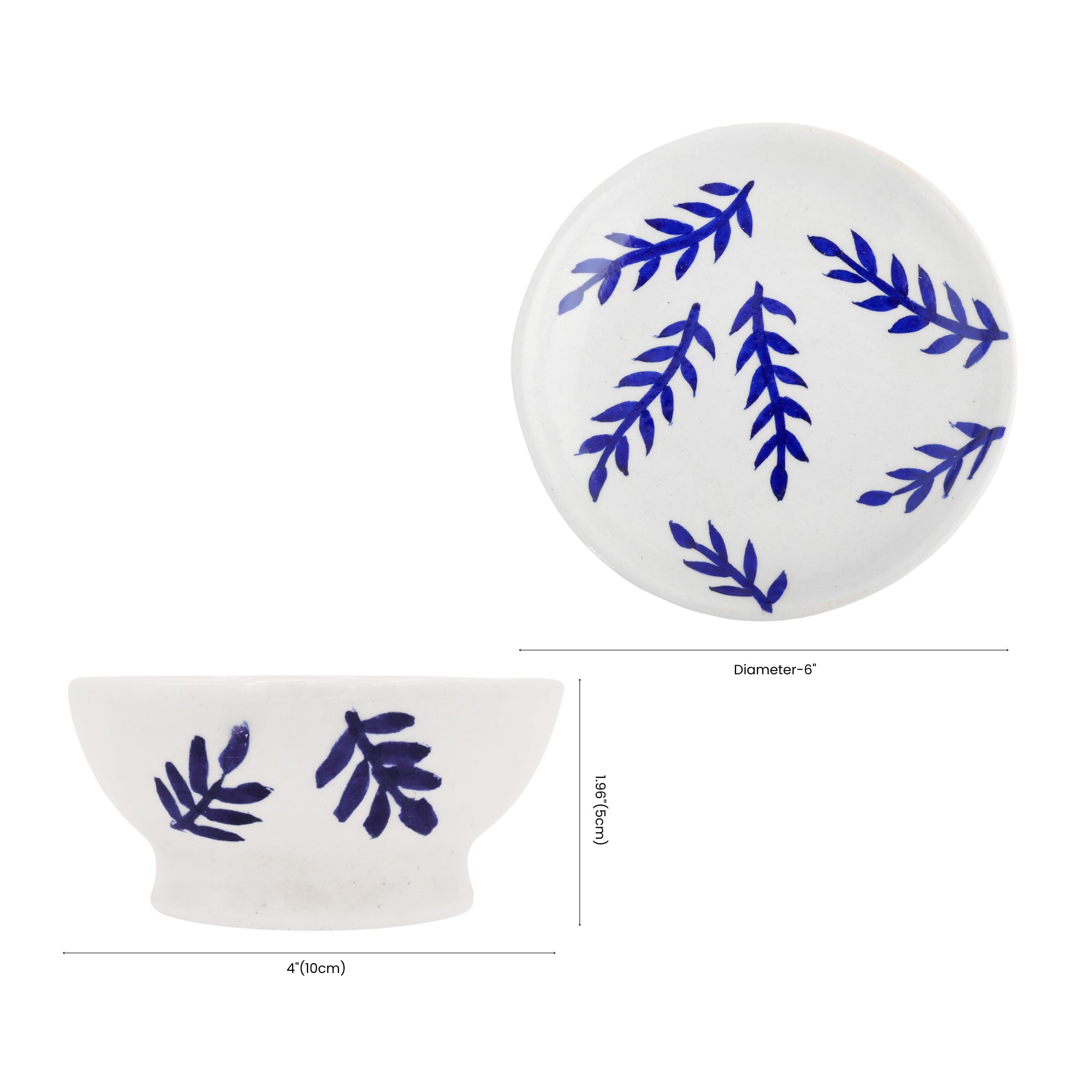 Handcrafted Jaipur Blue Pottery Bowl & Plate Set – Indigo Leaf Pattern